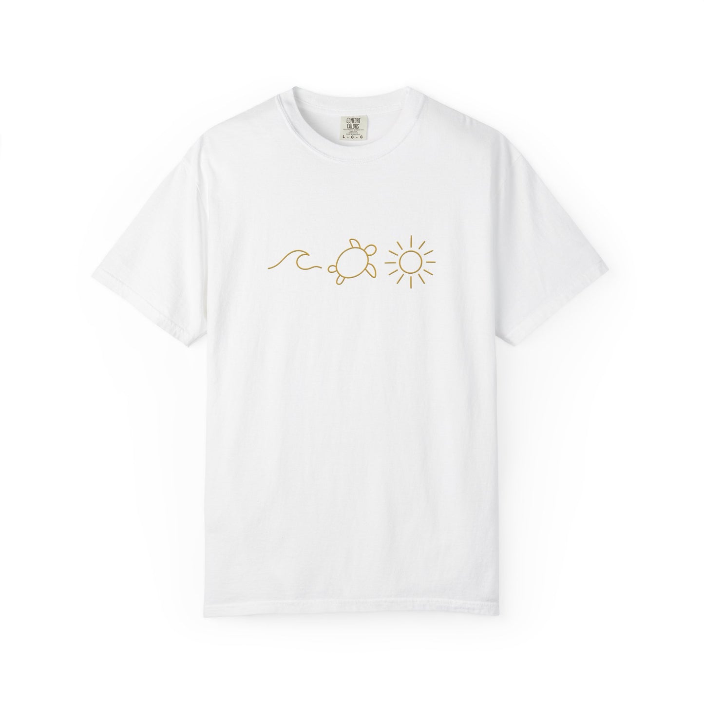 White T-shirt with minimalist turtle, sun, and wave design from mashafrica style cool casual tees