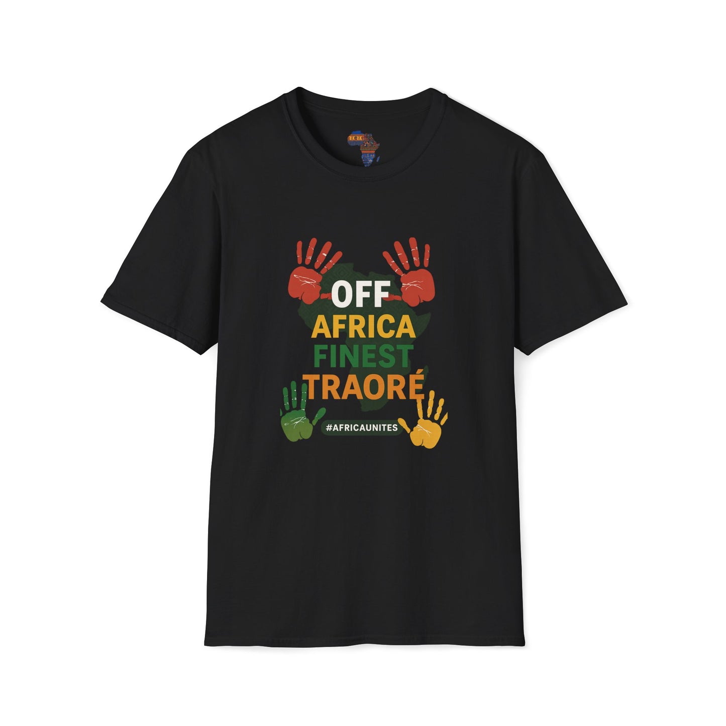 Black Ibrahim Traore tee with colorful handprints and Off Africa Finest Traore design