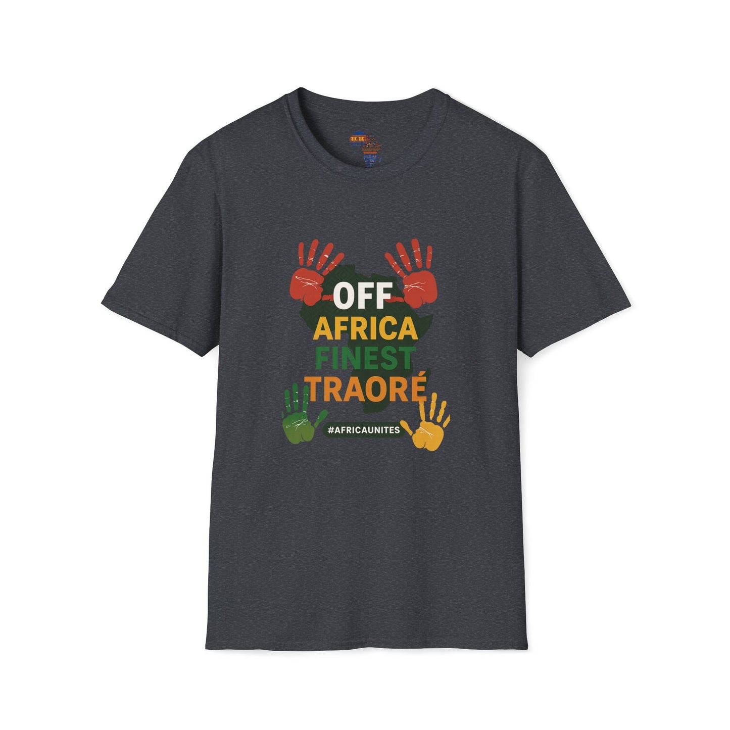 Mashafrica style dark gray Ibrahim Traore tee with colorful handprints and Africa finest print