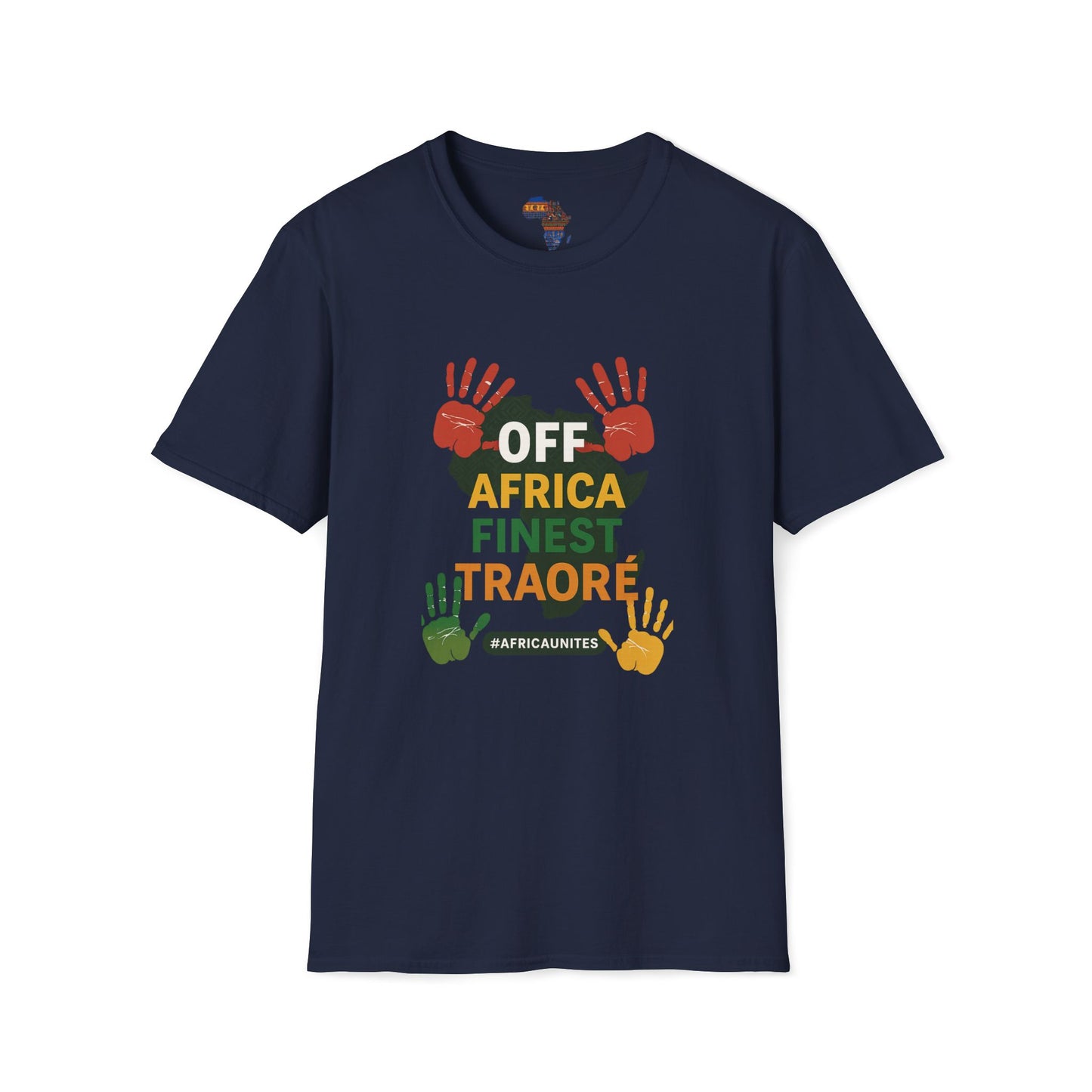 Navy Ibrahim Traore tee with colorful handprints and Off Africa Finest Traore print by mashafrica style