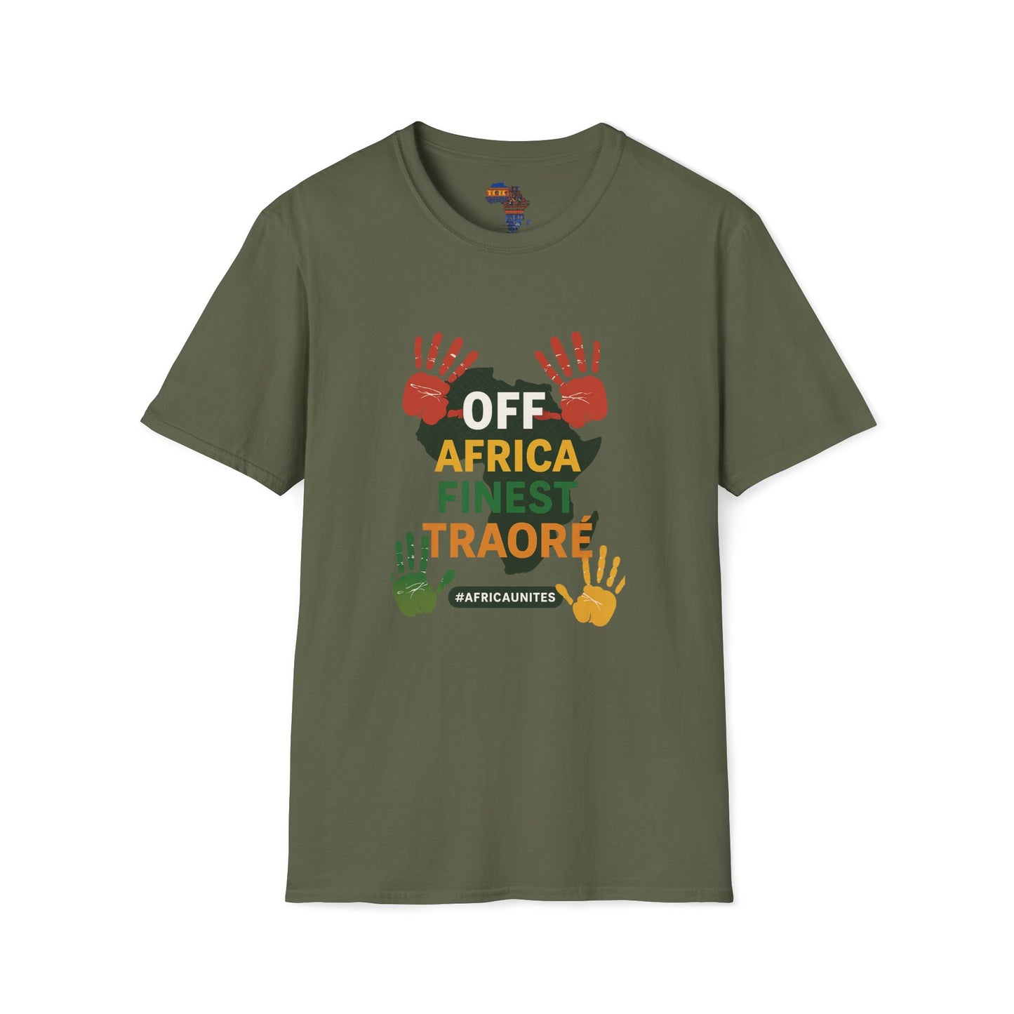 Mashafrica style Ibrahim Traore tee olive green unisex T-shirt with colorful handprint design