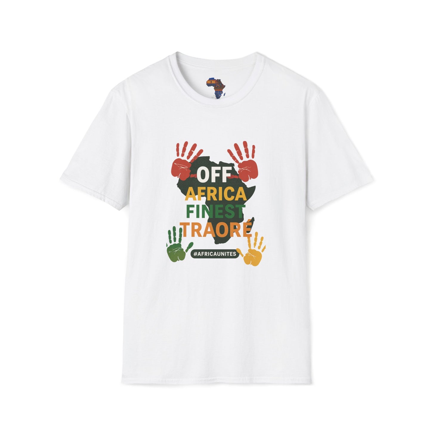 White Ibrahim Traore tee by mashafrica style with colorful handprints and Africa finest graphic design
