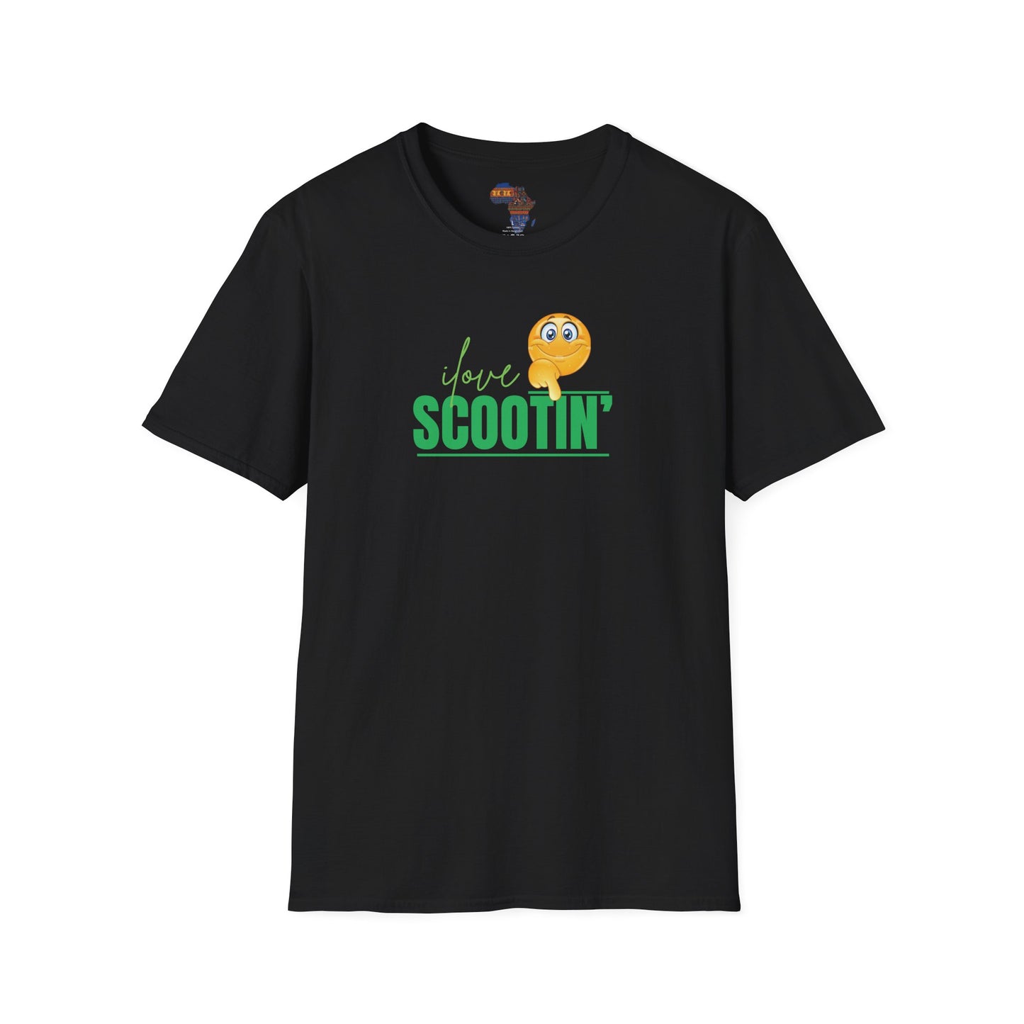 Black T-shirt featuring a love scootin graphic tee design with green text and a yellow emoji on front