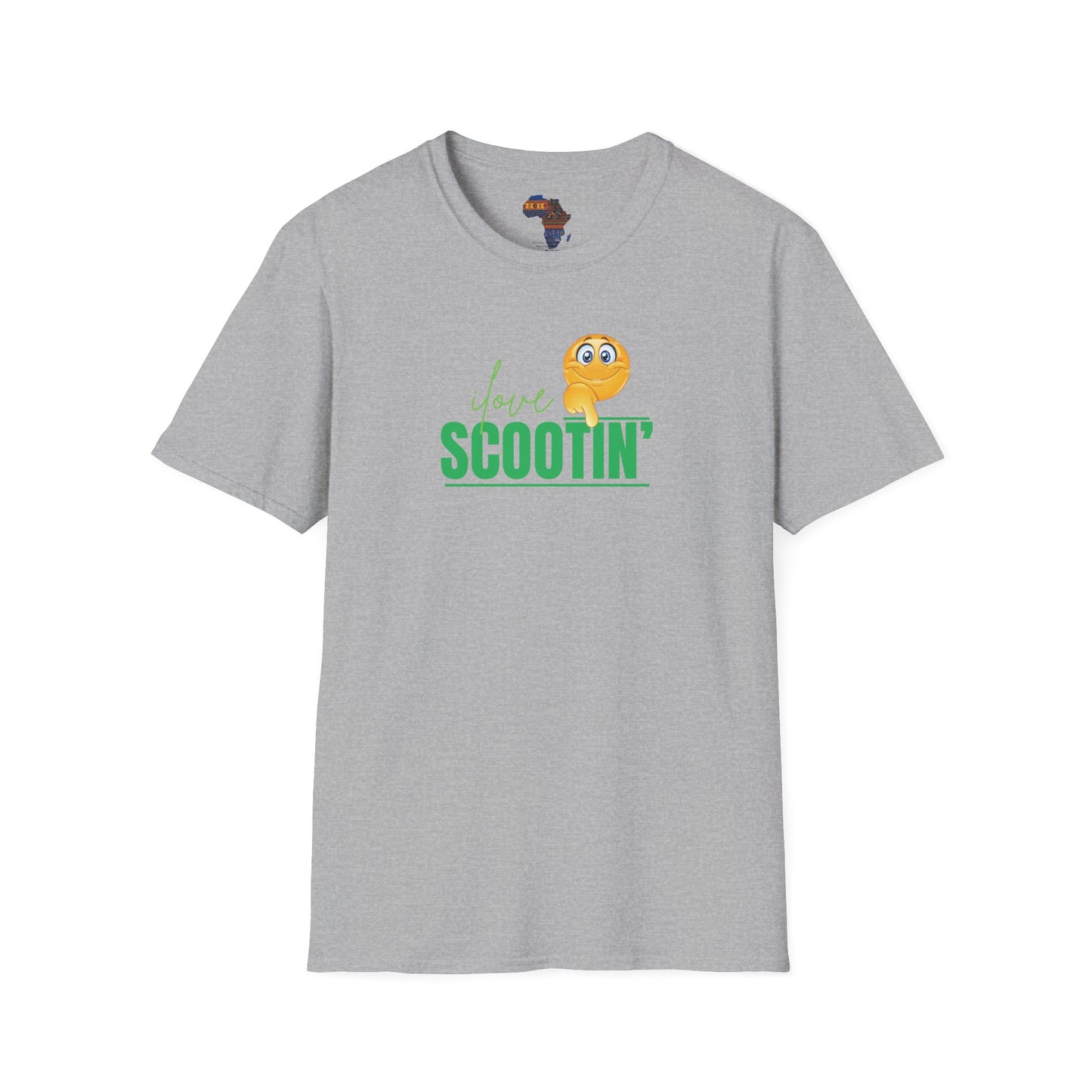 Light gray scootin graphic tee with green text and smiley face emoji by mashafrica style