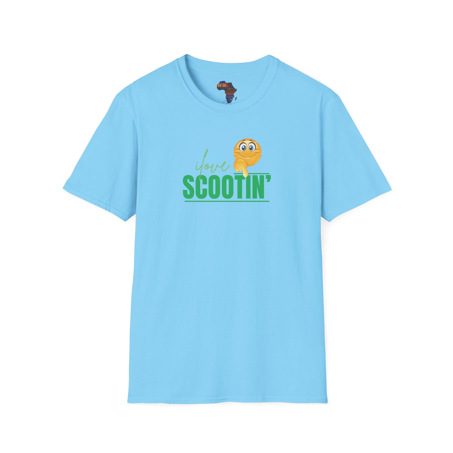 Mashafrica-style light blue scootin graphic tee featuring a yellow scooter emoji and green text design