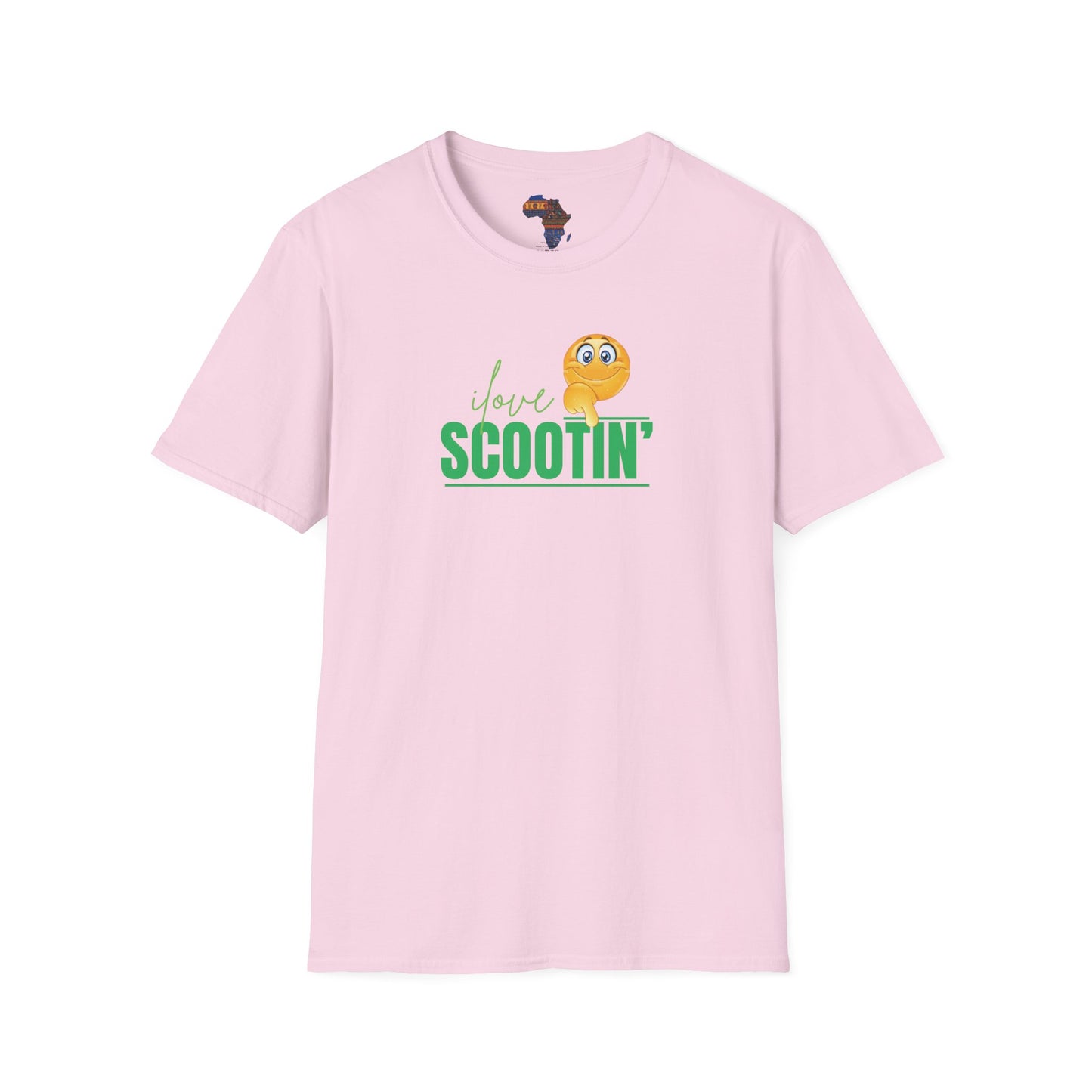 Light pink scootin graphic tee with yellow emoji and green text by mashafrica style