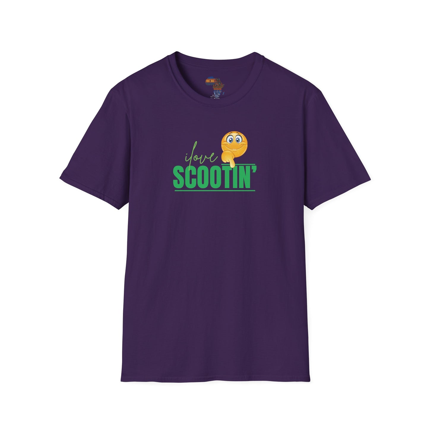 Purple mashafrica style scootin graphic tee featuring smiley emoji and green text design