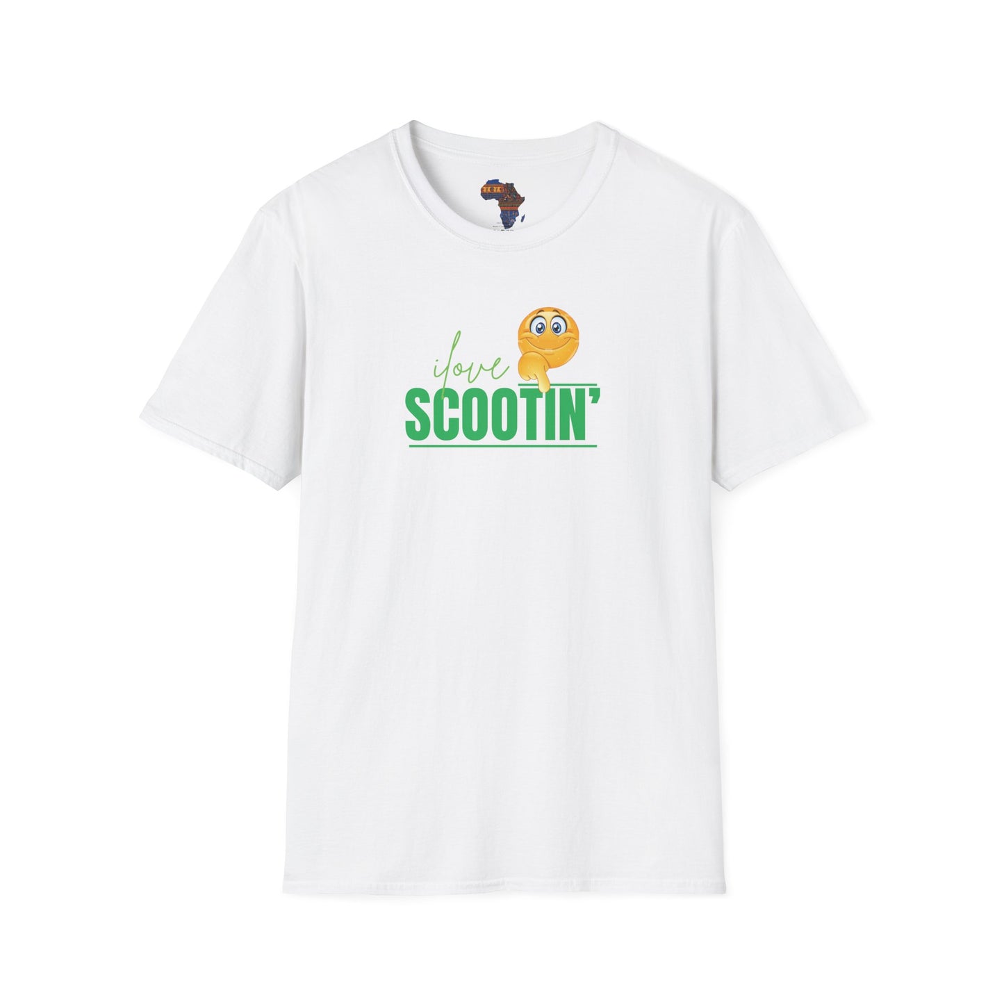 White mashafrica-style scootin graphic tee with playful emoticon and green text design