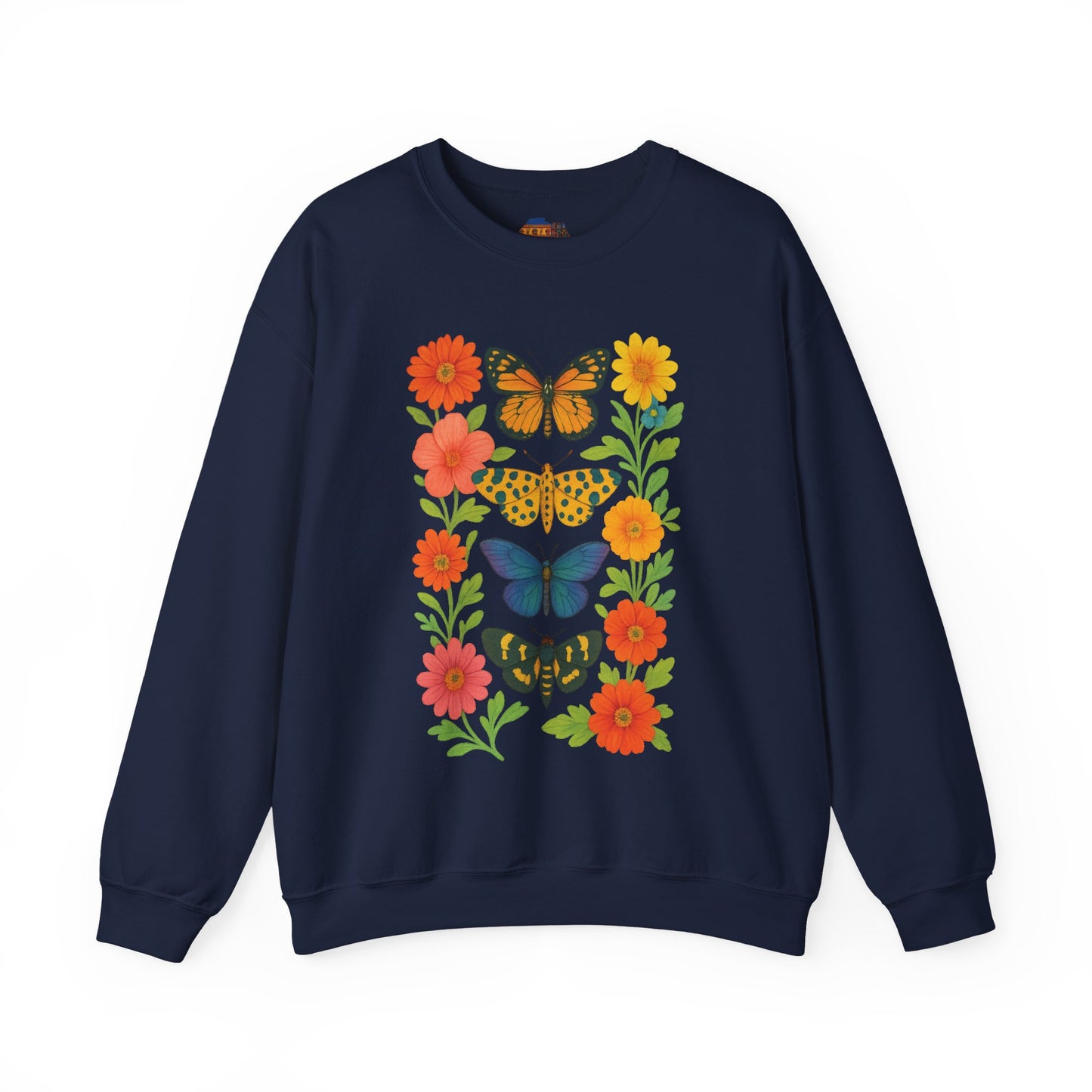 Navy blue butterfly print sweatshirt with colorful floral and butterfly designs from mashafrica style