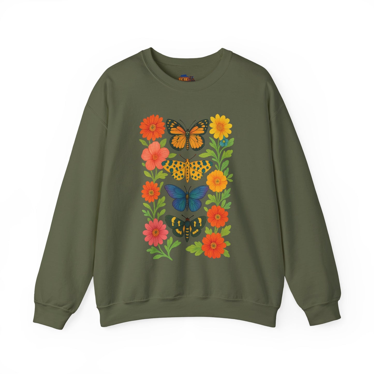 Olive green butterfly print sweatshirt with colorful butterfly and flower design on front