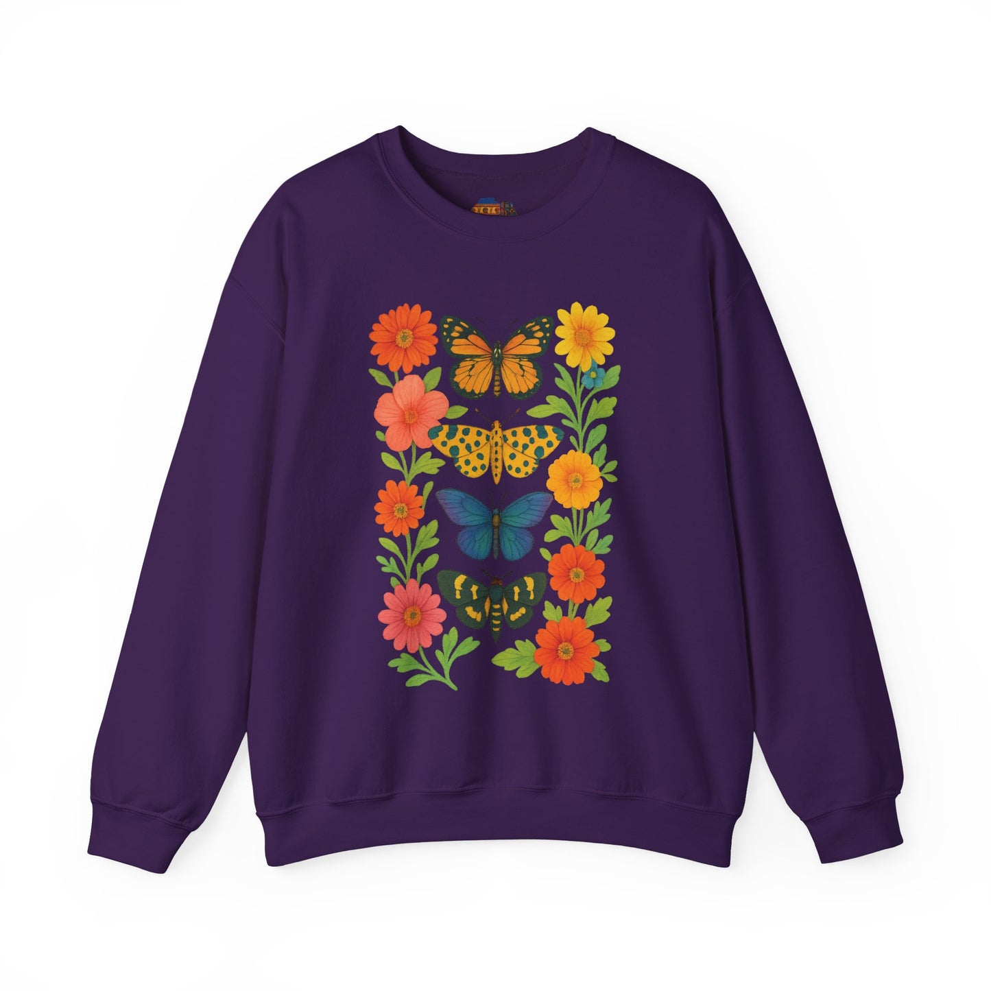 Purple mashafrica-style butterfly print sweatshirt with colorful butterflies and floral design