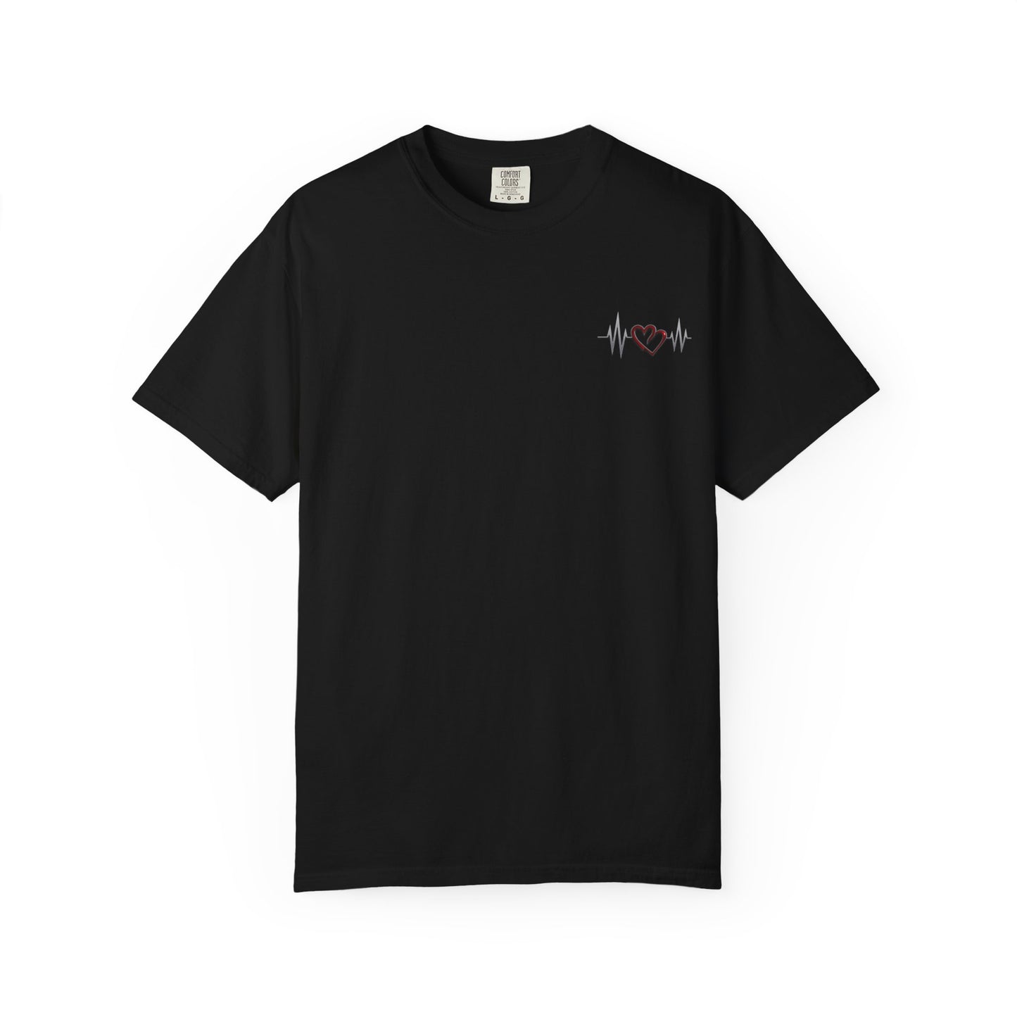 Black heart design t-shirt by mashafrica-style with a small red heart and heartbeat line graphic