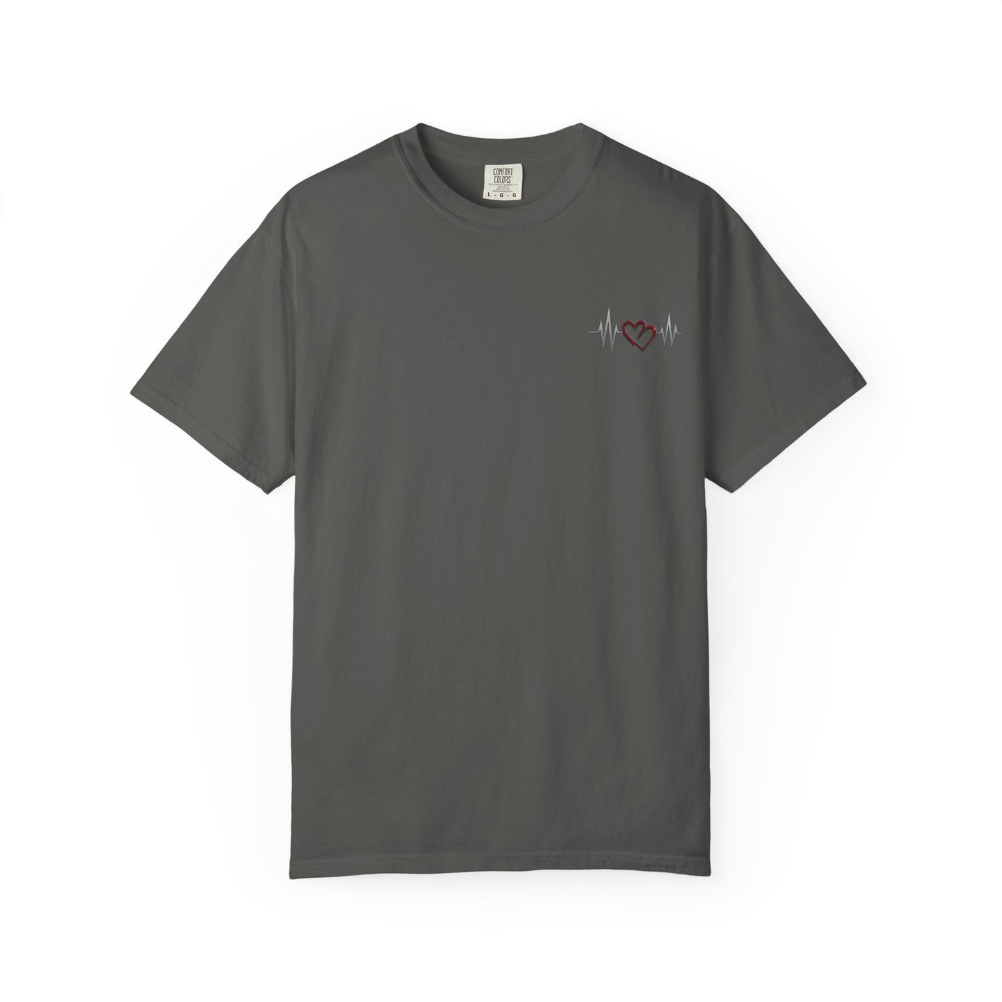 Mashafrica style heart design t-shirt in dark gray with small heart and heartbeat graphic on chest