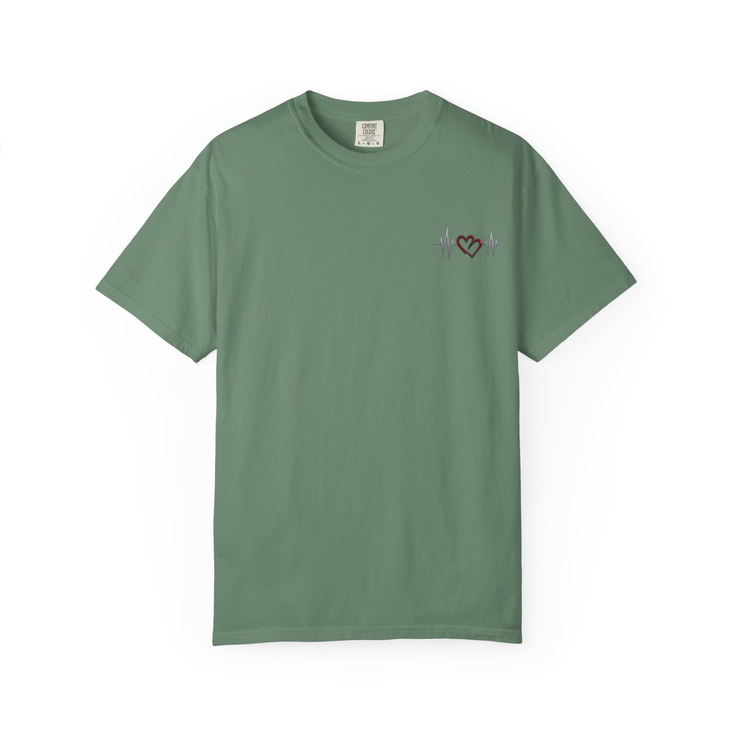 Mashafrica-style green heart design t-shirt with small heart and heartbeat graphic on chest