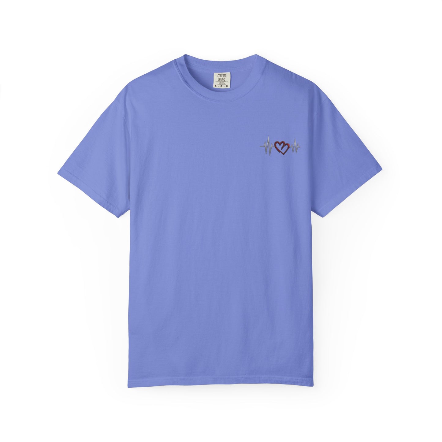 Mashafrica style blue heart design t-shirt with a small heart and heartbeat graphic on chest