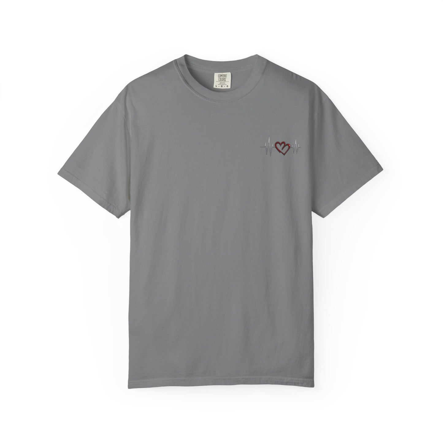 Gray mashafrica-style heart design t-shirt with small red heart and heartbeat lines on chest