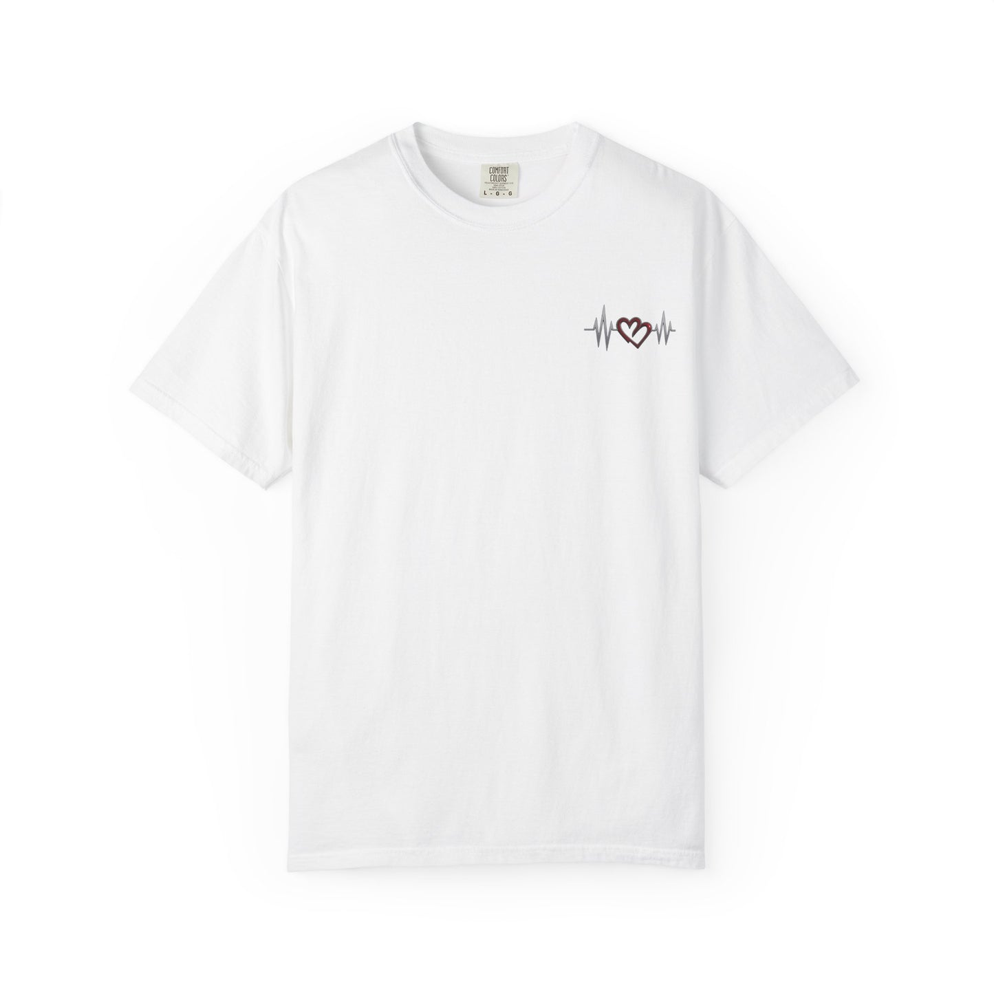 White mashafrica-style heart design t-shirt with small heartbeat heart graphic on chest
