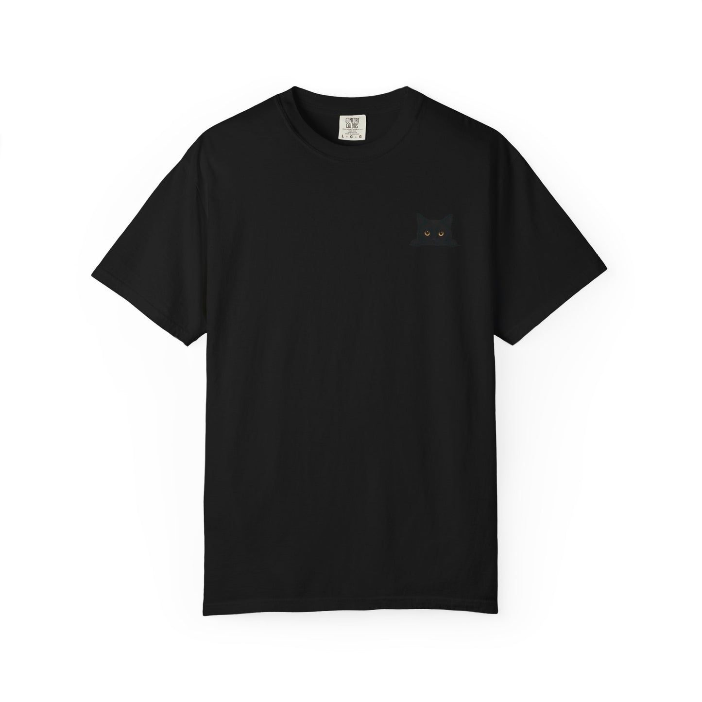 Black mashafrica-style peeky cat tee with small cat face design on the chest