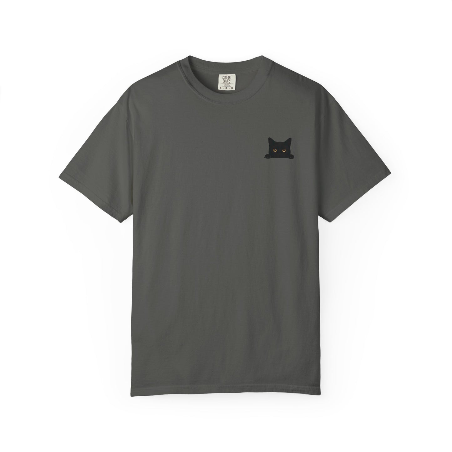 Gray mashafrica-style t-shirt featuring a small black cat graphic on the chest peeky cat tee