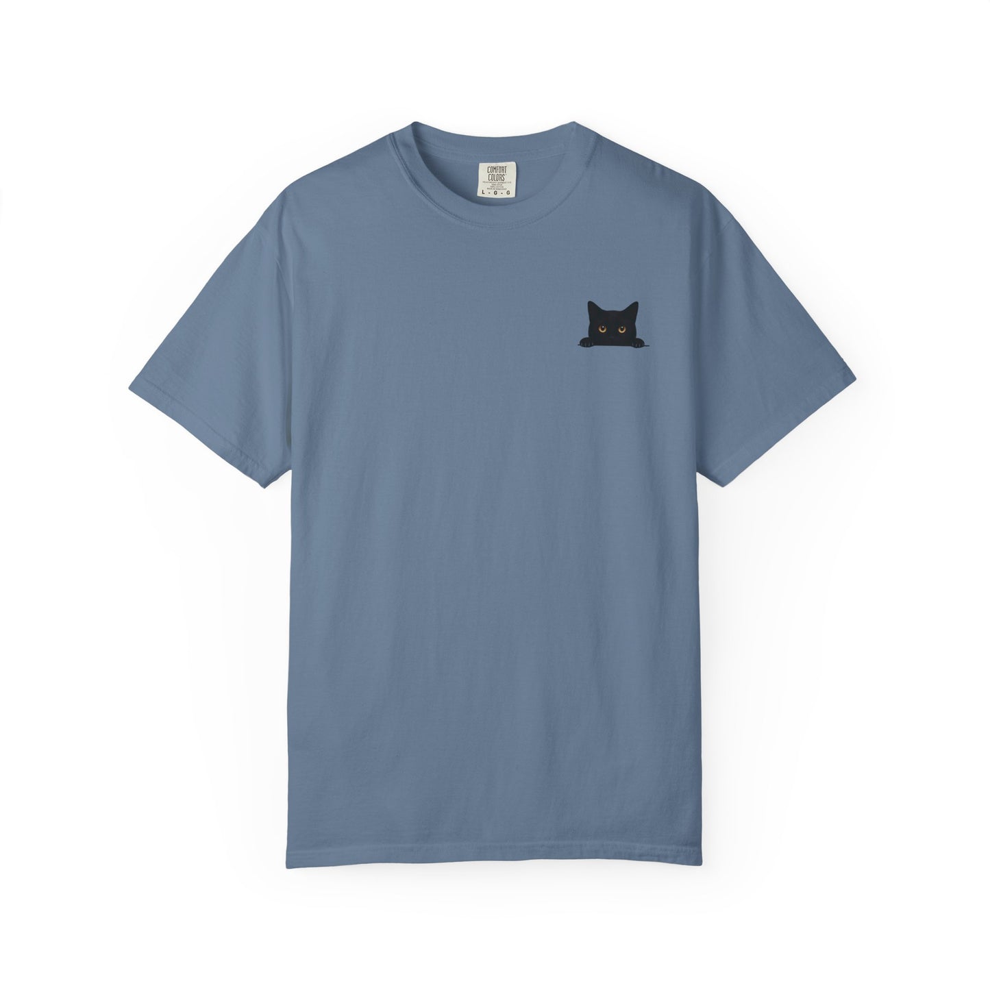 Blue mashafrica style peeky cat tee featuring a small black cat graphic on the chest