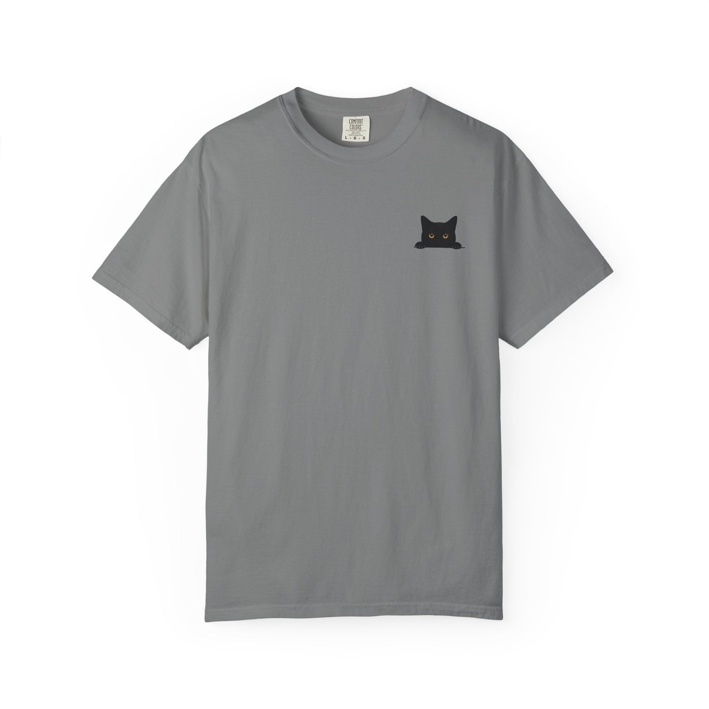 Gray peeky cat tee by mashafrica style with small black cat graphic on chest