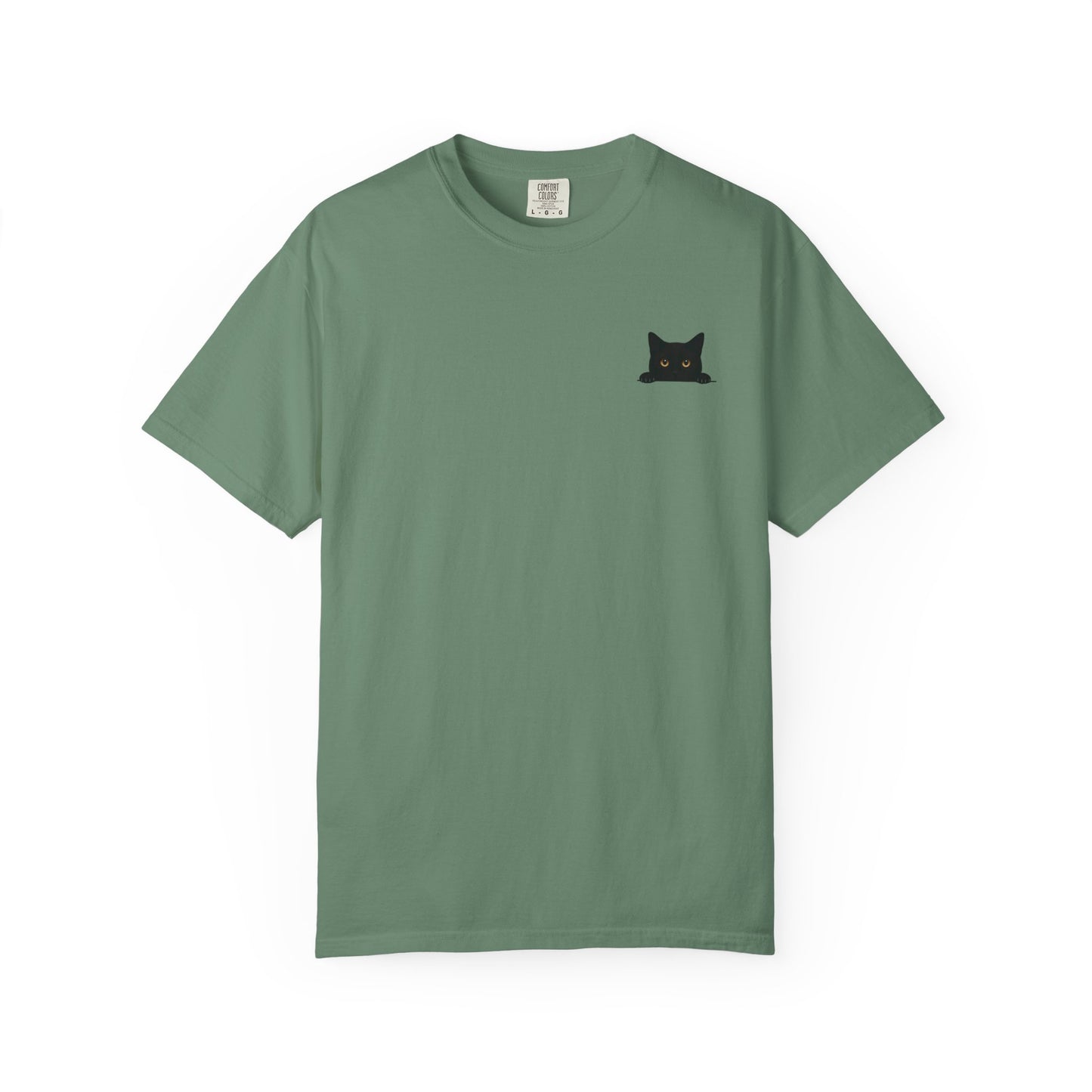 Green mashafrica-style peeky cat tee with small black cat graphic on front chest