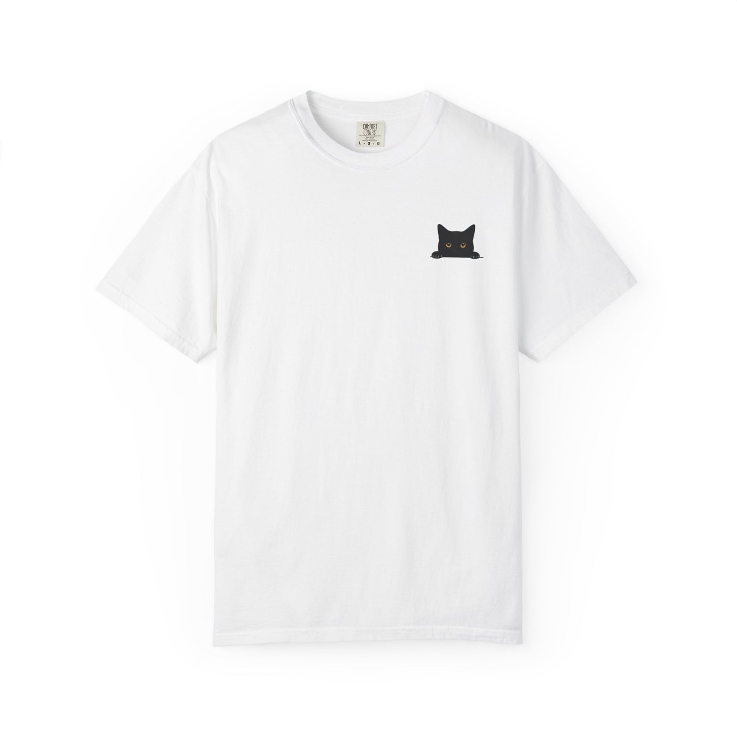 White mashafrica style t-shirt with small black cat graphic on chest peeky cat tee