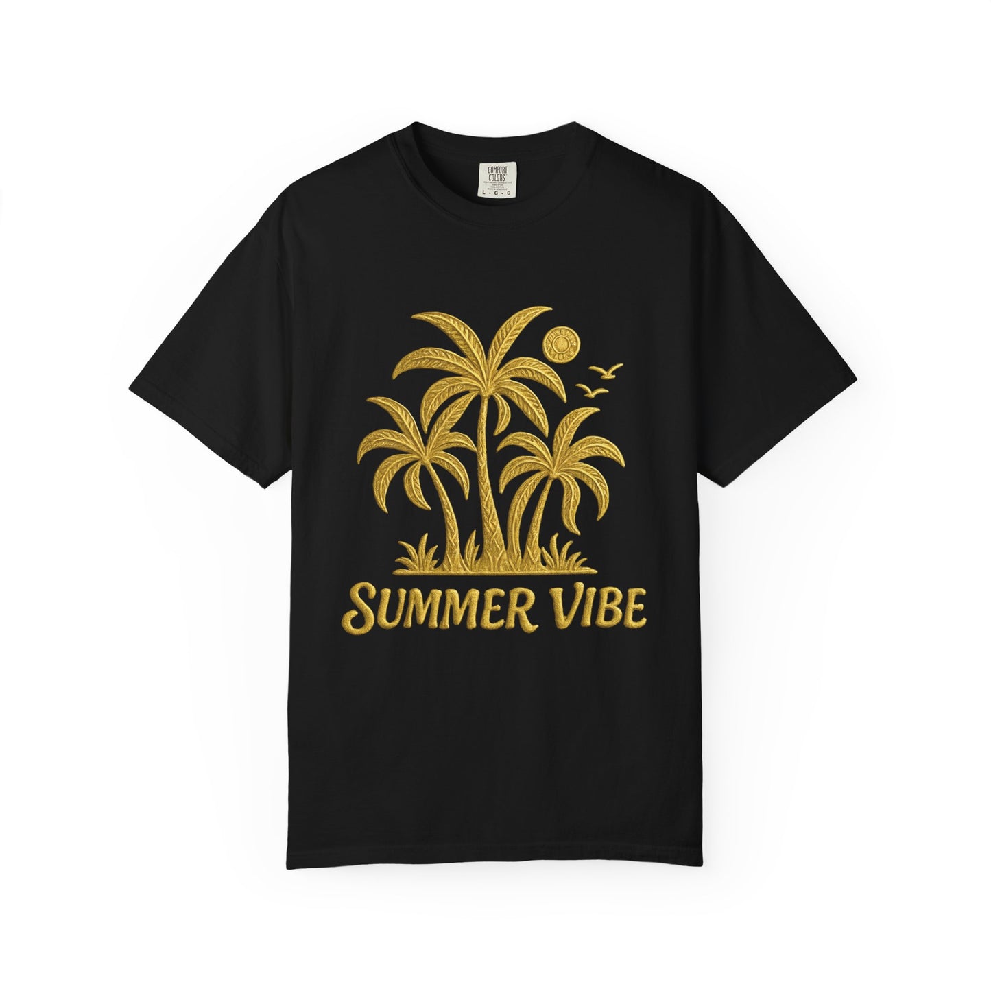 Black summer vibe t-shirt with gold palm tree graphic and text by mashafrica style