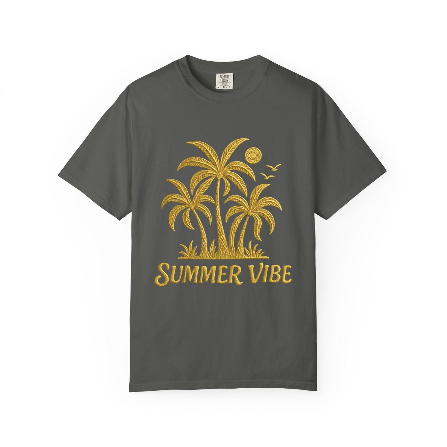 mashafrica-style summer vibe t-shirt with yellow palm tree design on gray fabric