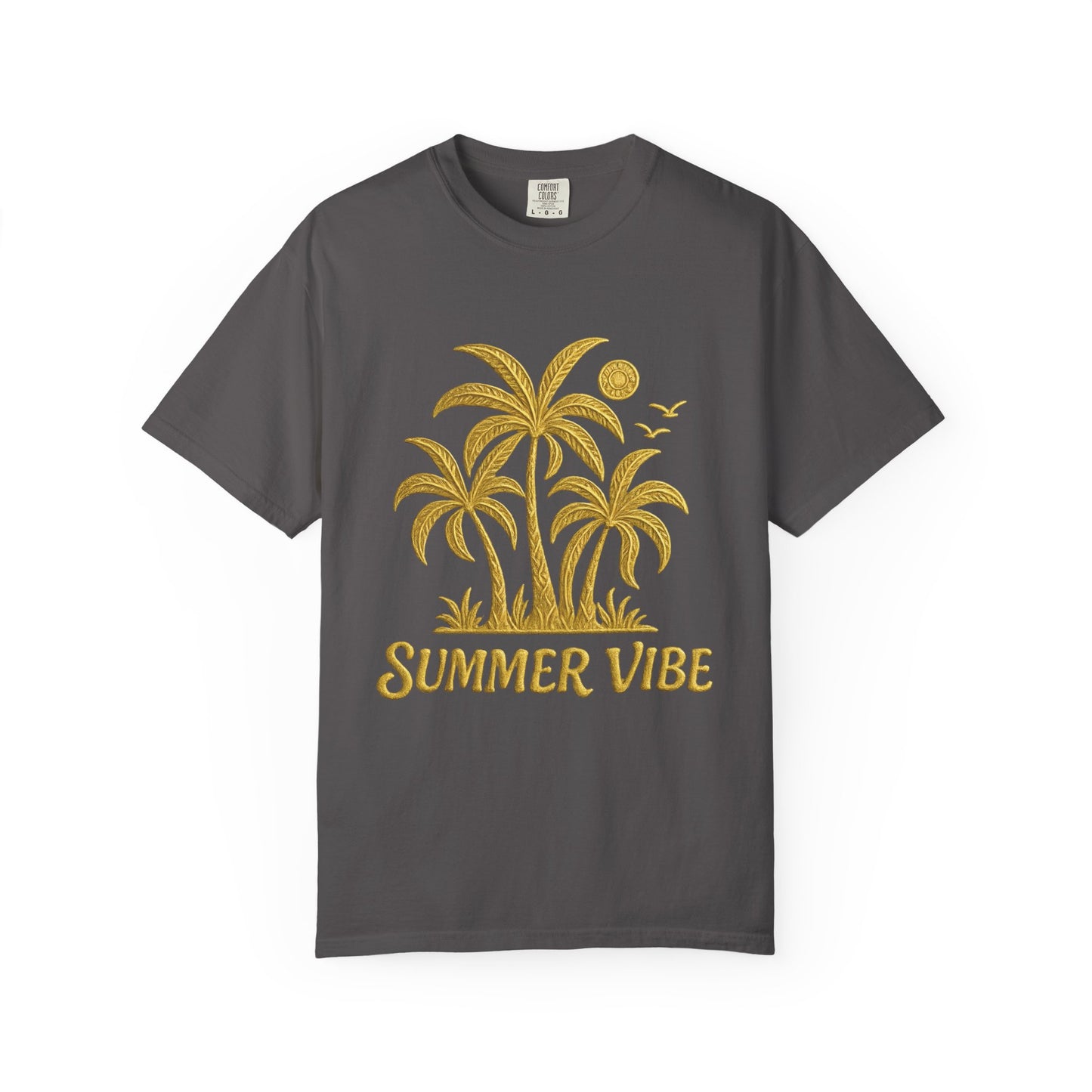 mashafrica-style gray summer vibe t-shirt with yellow palm tree graphic and sun design