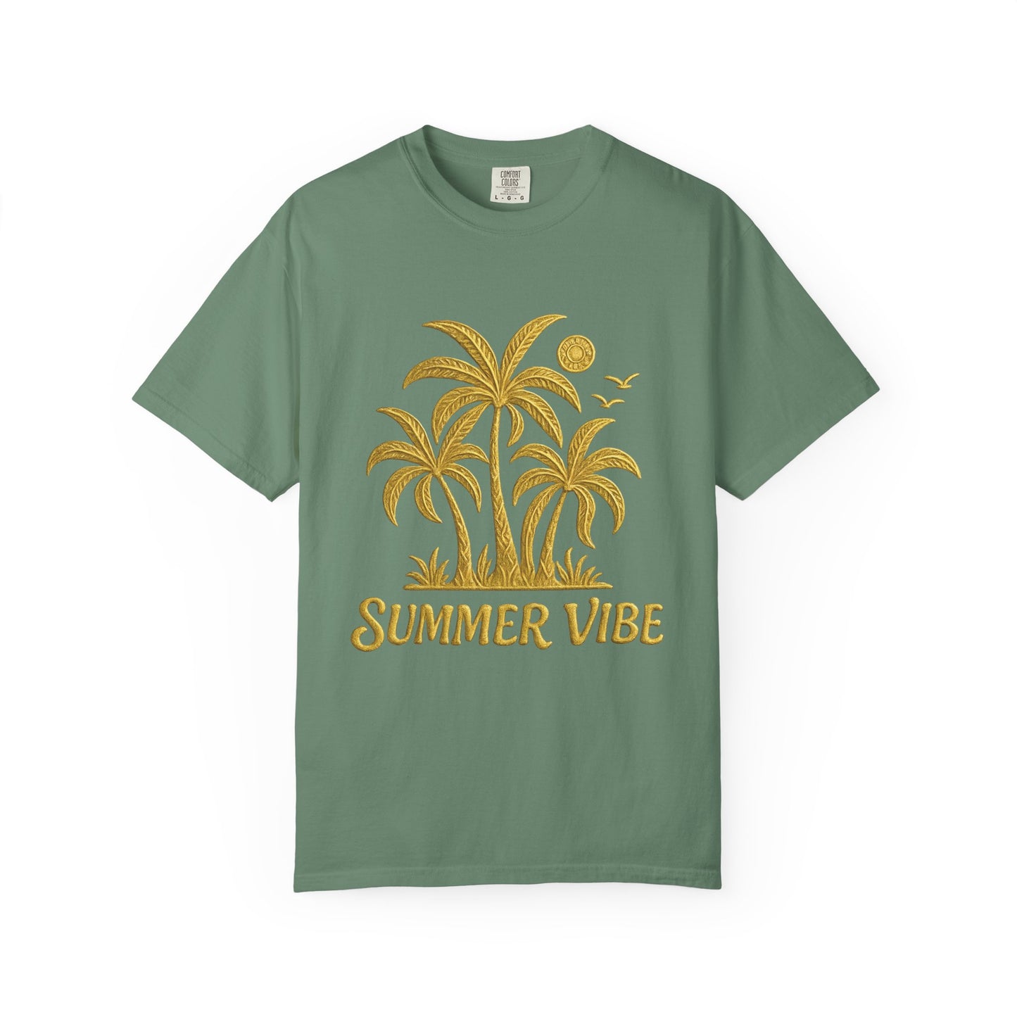 Green mashafrica-style summer vibe t-shirt with yellow palm tree graphic and text design