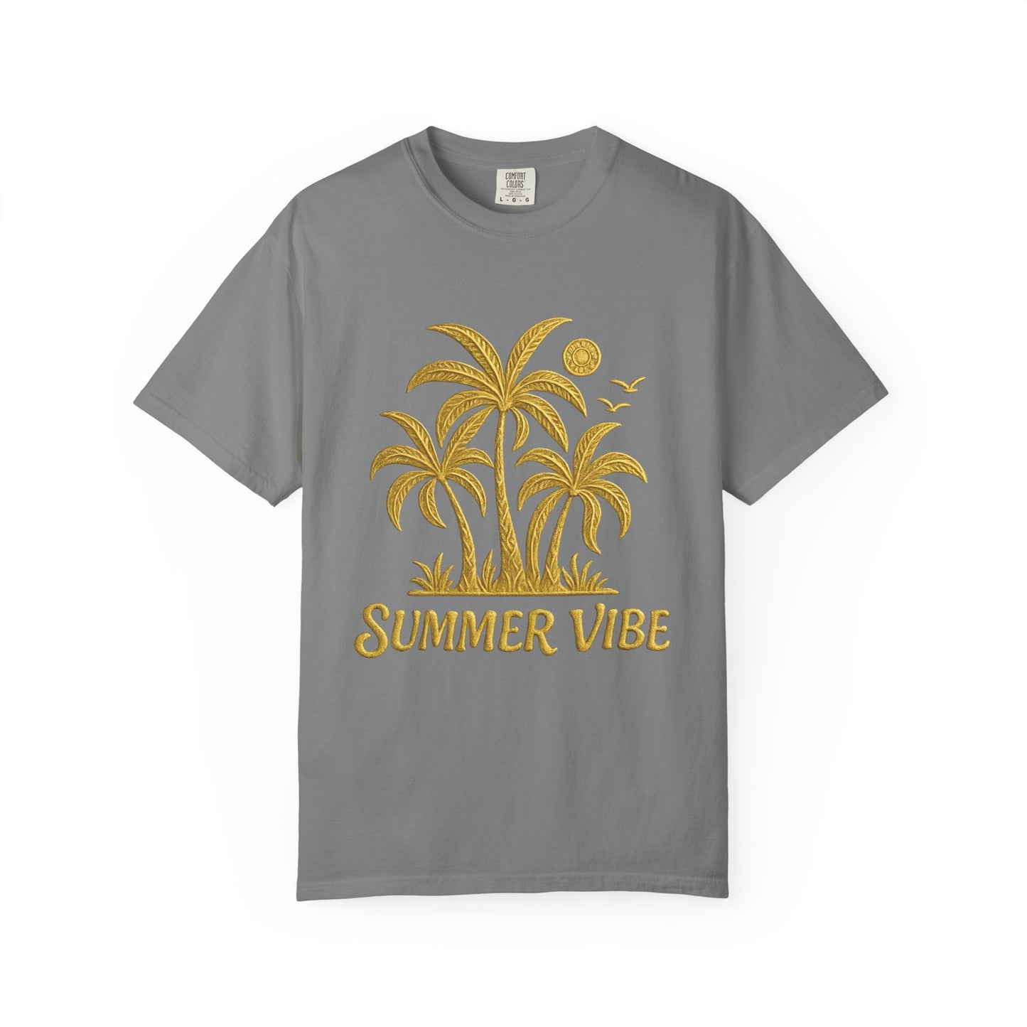 Gray mashafrica-style summer vibe t-shirt with yellow palm tree graphic and text