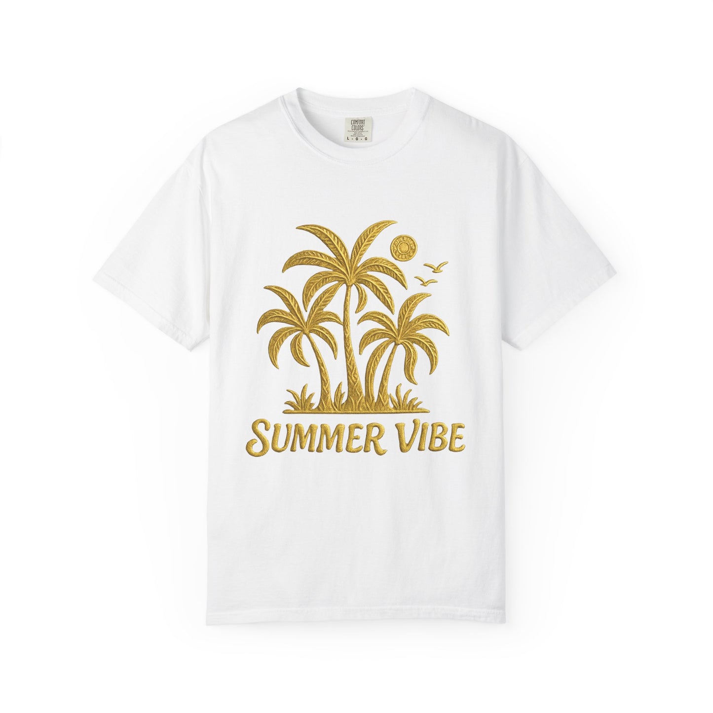 White summer vibe t-shirt with golden palm tree graphic and text design by mashafrica style