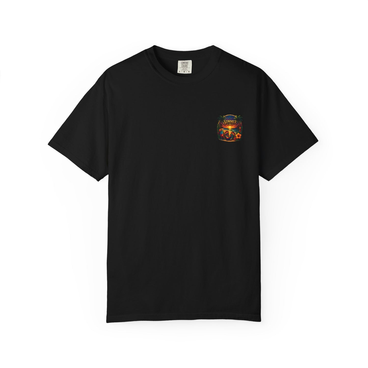 Black mashafrica-style graphic tee with summer vibes featuring colorful small chest design