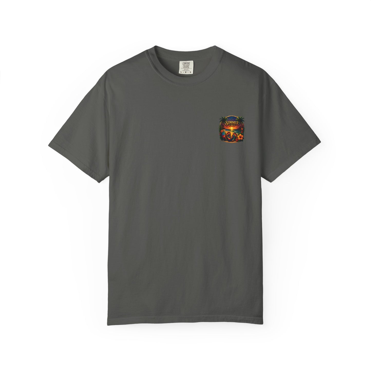 Mashafrica style gray graphic tee with summer vibes featuring colorful small front chest print