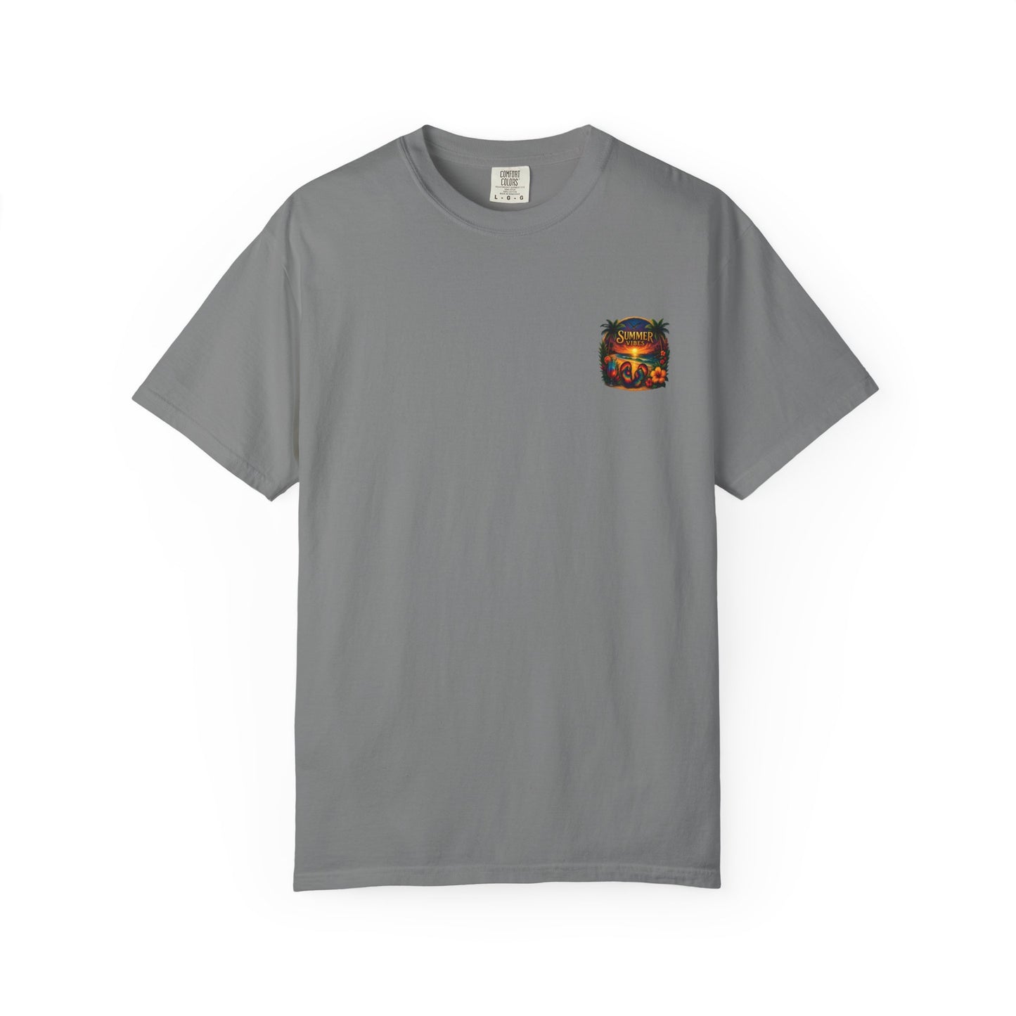Mashafrica style gray graphic tee with summer vibes featuring a small colorful tropical design