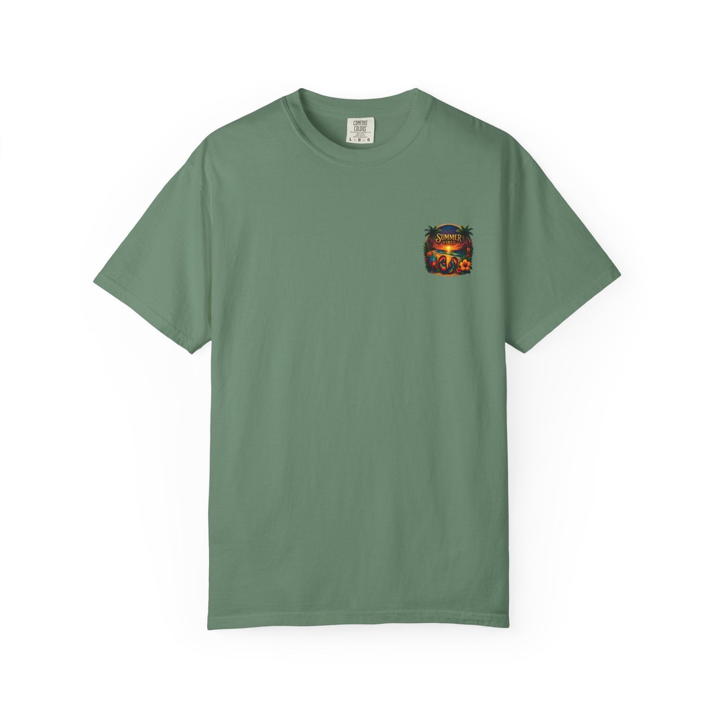 Mashafrica style green graphic tee with summer vibes featuring a small colorful beach design