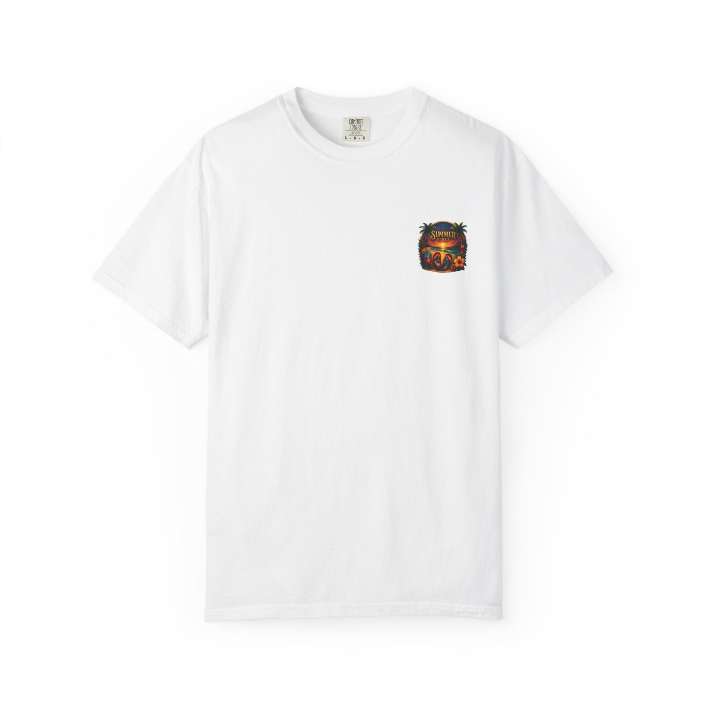 White mashafrica style graphic tee with summer vibes featuring a small colorful summer design on the chest