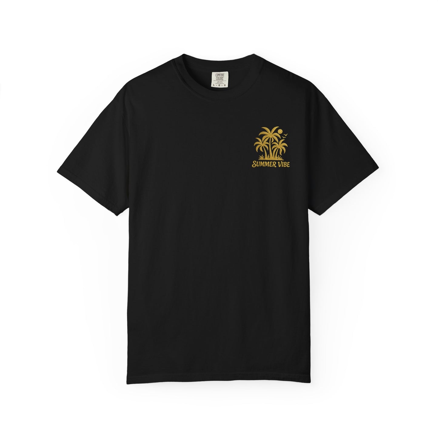Black mashafrica-style graphic summer tee with yellow palm tree design and summer vibe text