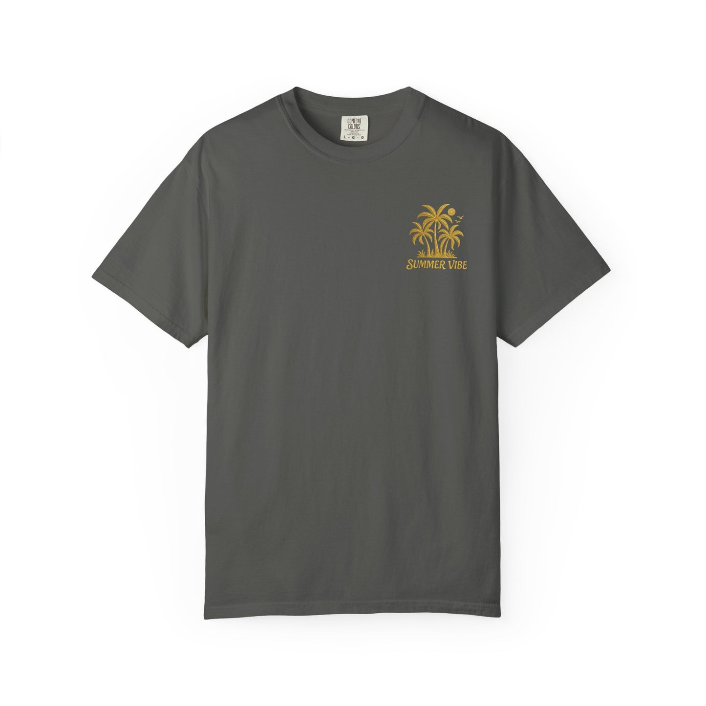 Gray graphic summer tee with yellow palm tree design and summer vibe text by mashafrica style