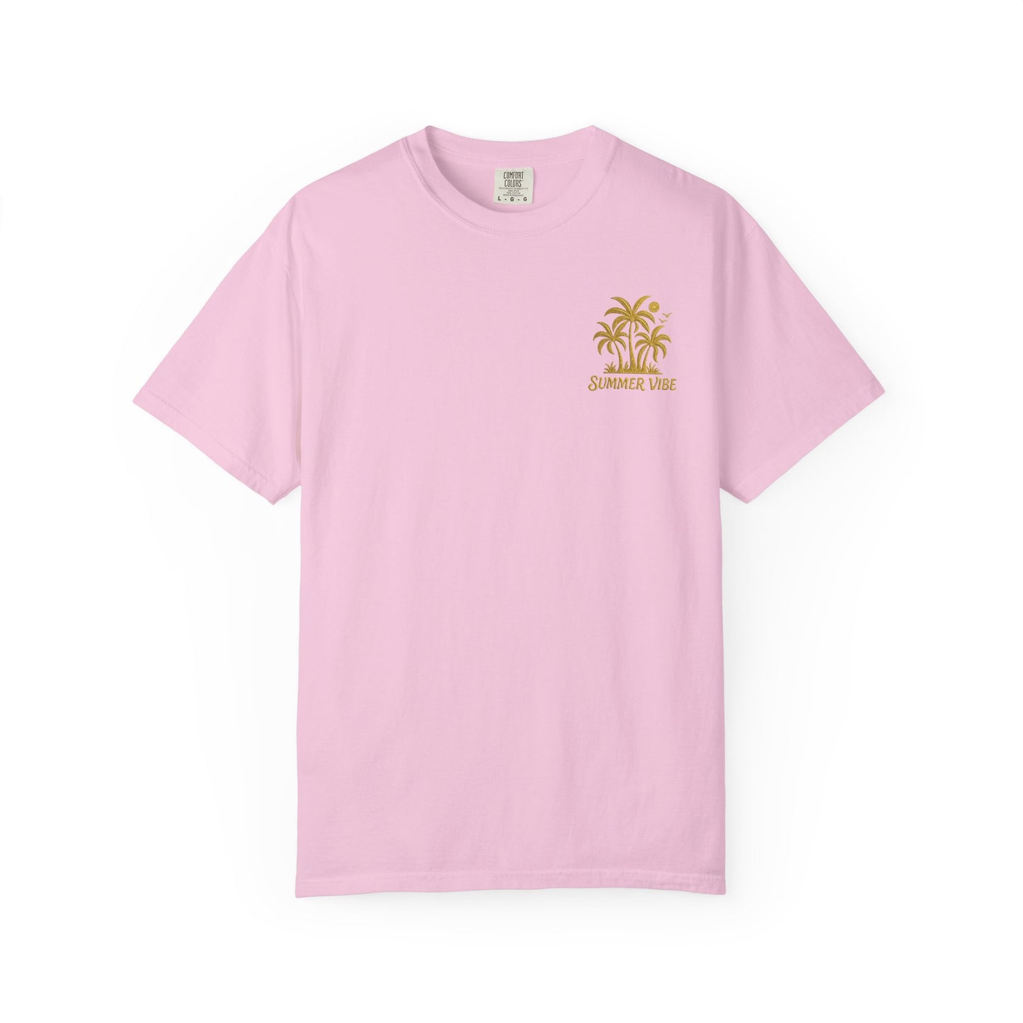 Pink graphic summer tee with small palm tree and summer vibe design on chest