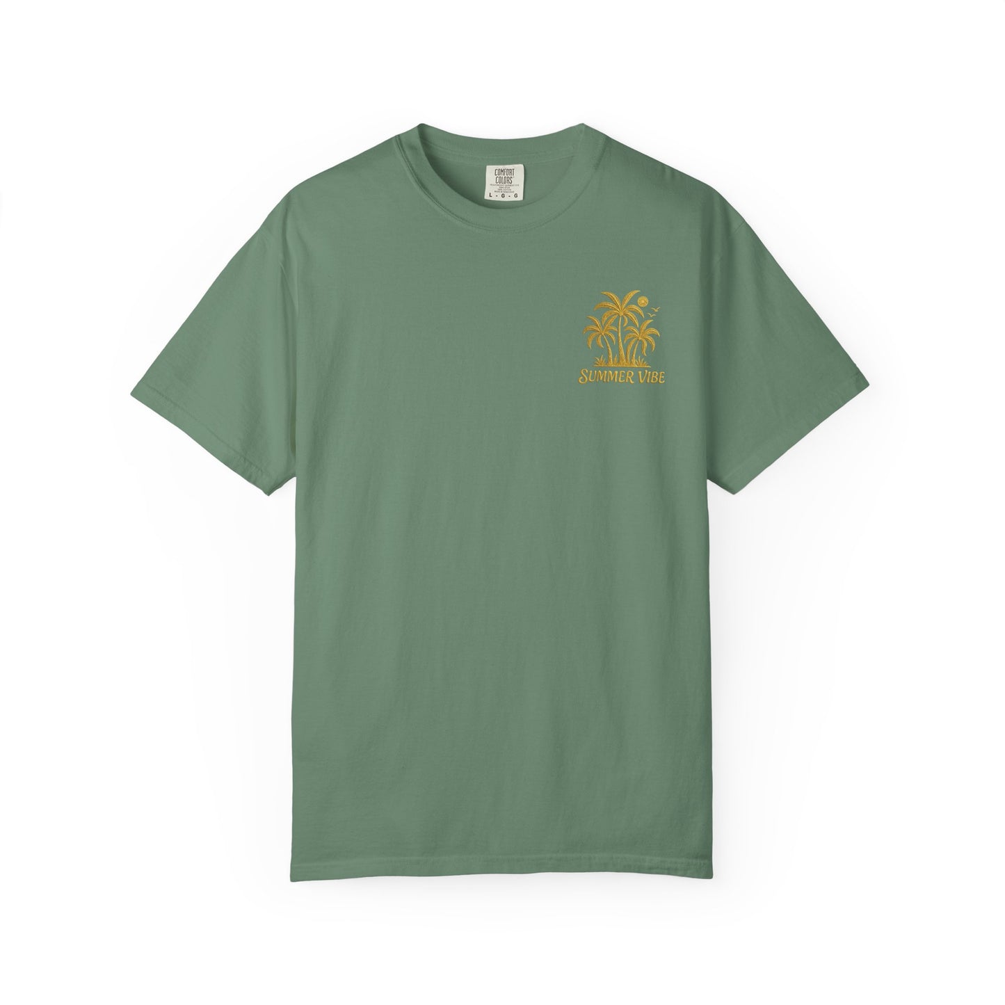 Green graphic summer tee with small yellow palm tree design and summer vibe text