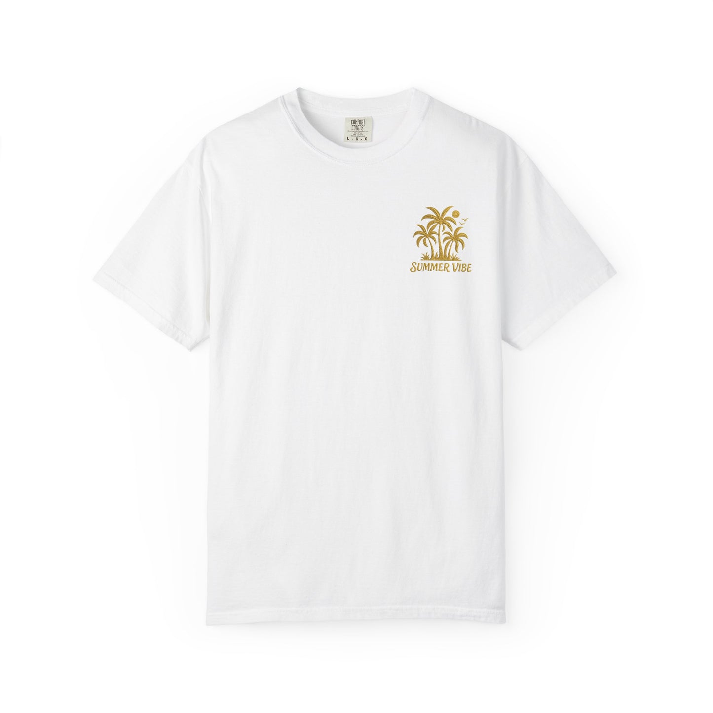 White mashafrica style graphic summer tee with small palm tree design and summer vibe text
