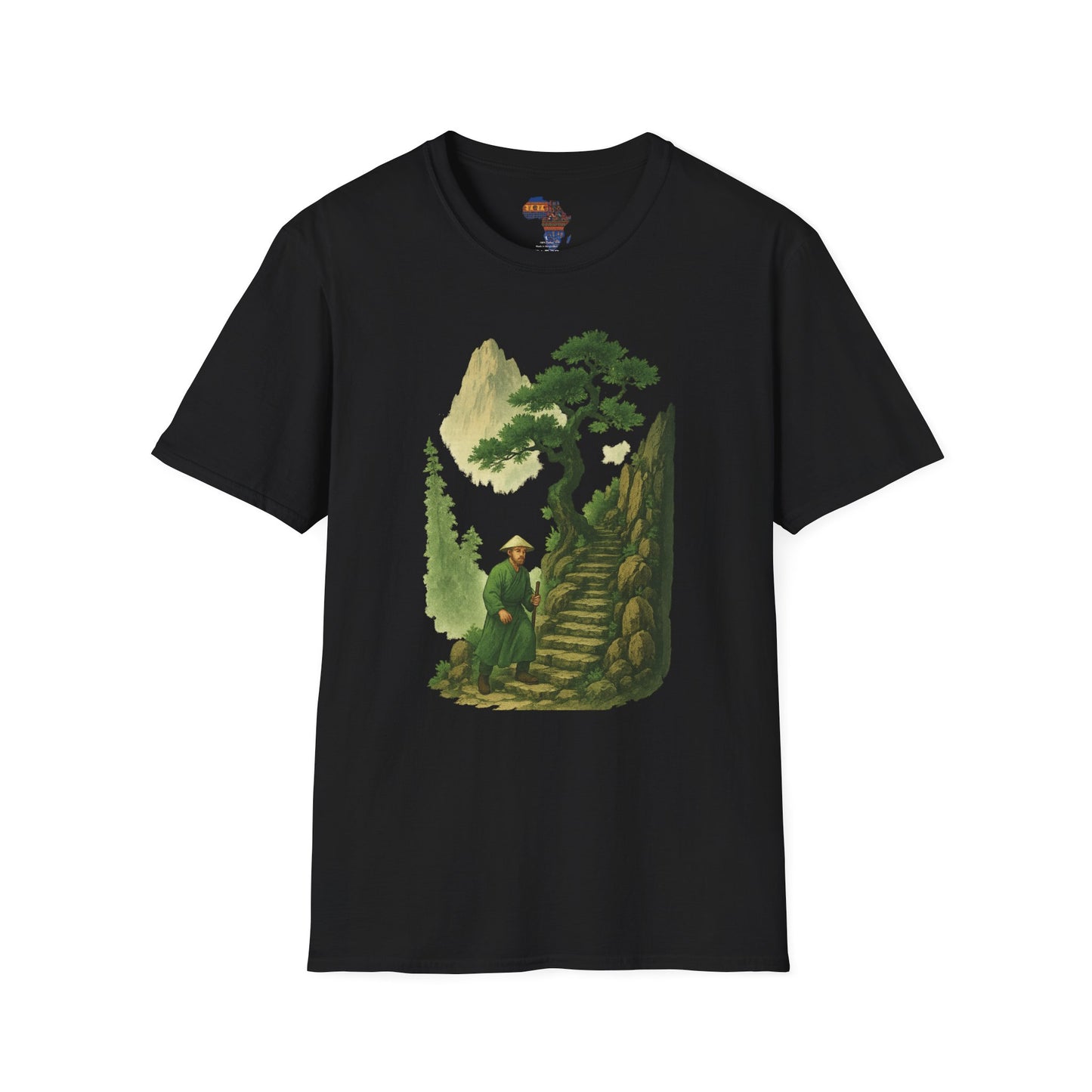 Black T-shirt with mountain print clothing featuring a scenic mountain path and figure in green robe