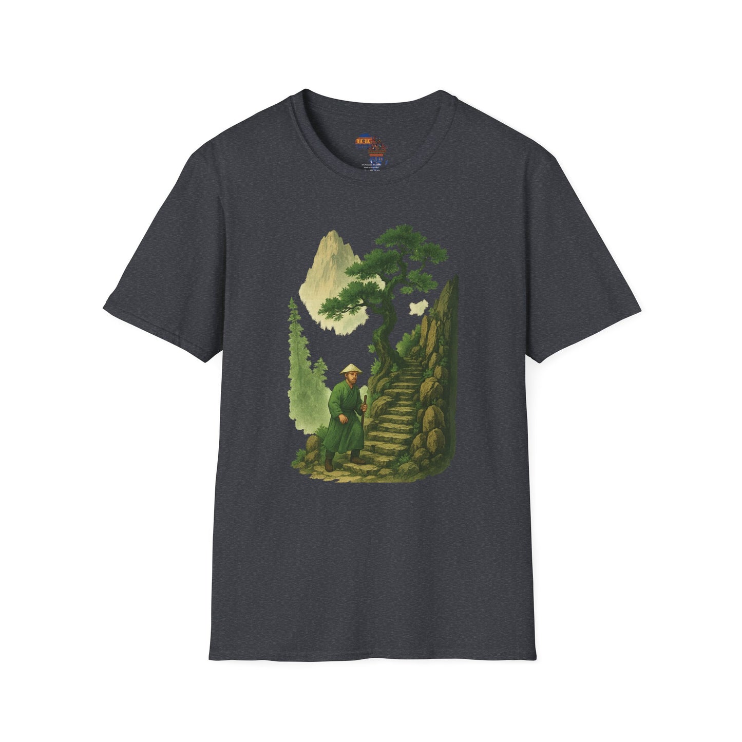Mashafrica-style black t-shirt featuring a mountain print clothing design with a climber and scenic stairs