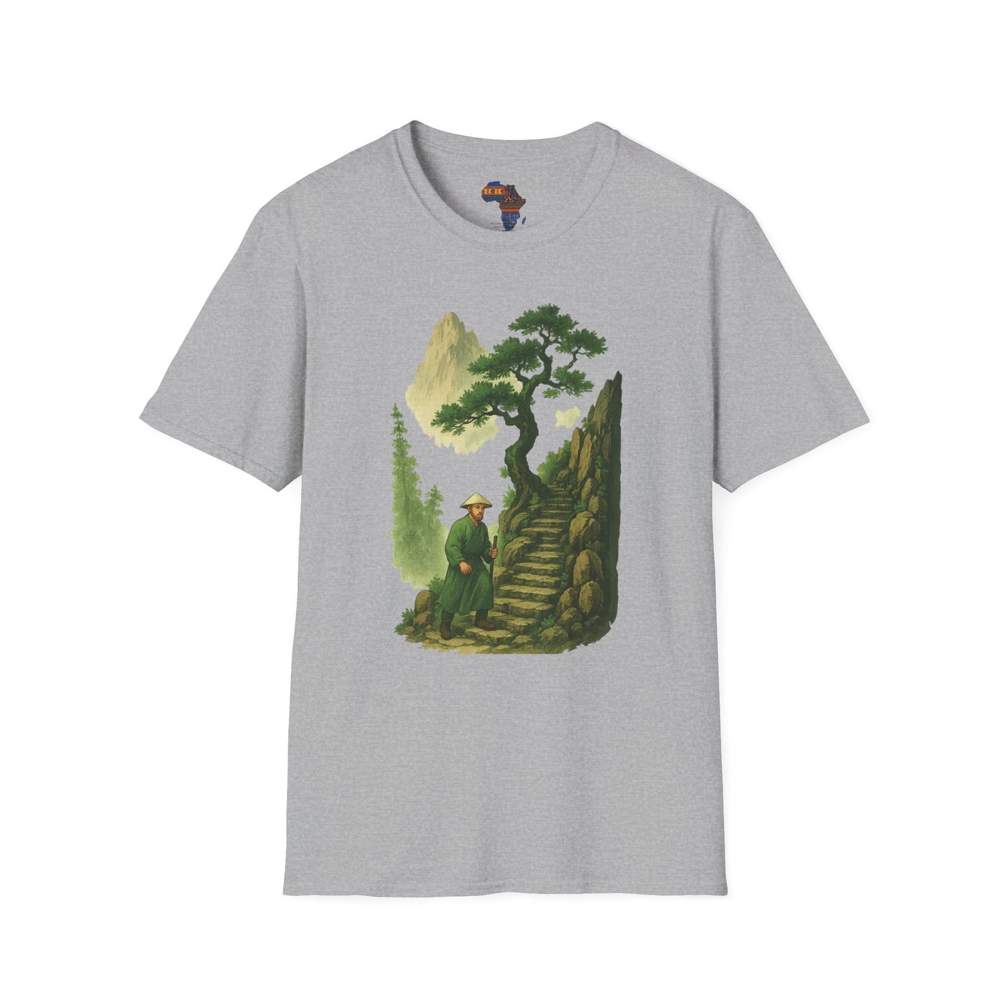 Gray mashafrica-style T-shirt featuring mountain print clothing with scenic tree and stone staircase design