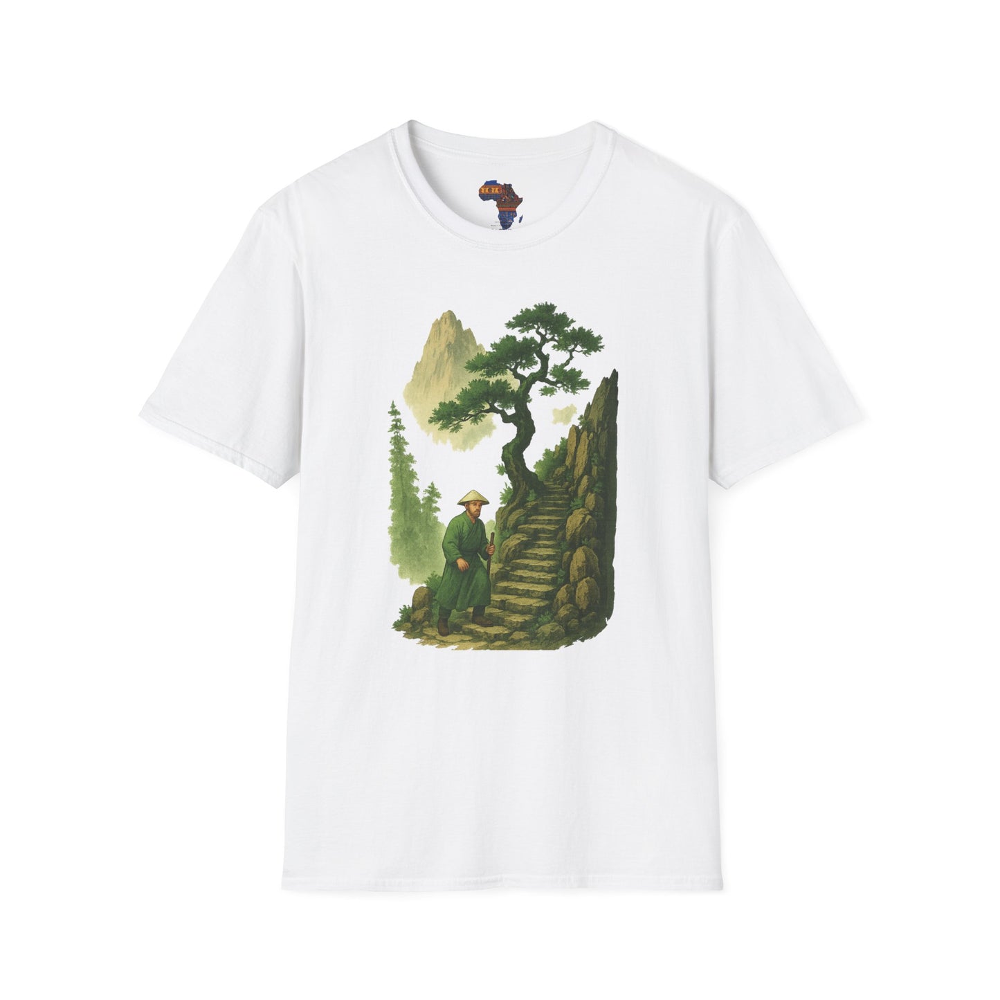 White mashafrica style T-shirt featuring mountain print clothing design with a staircase and tree graphic