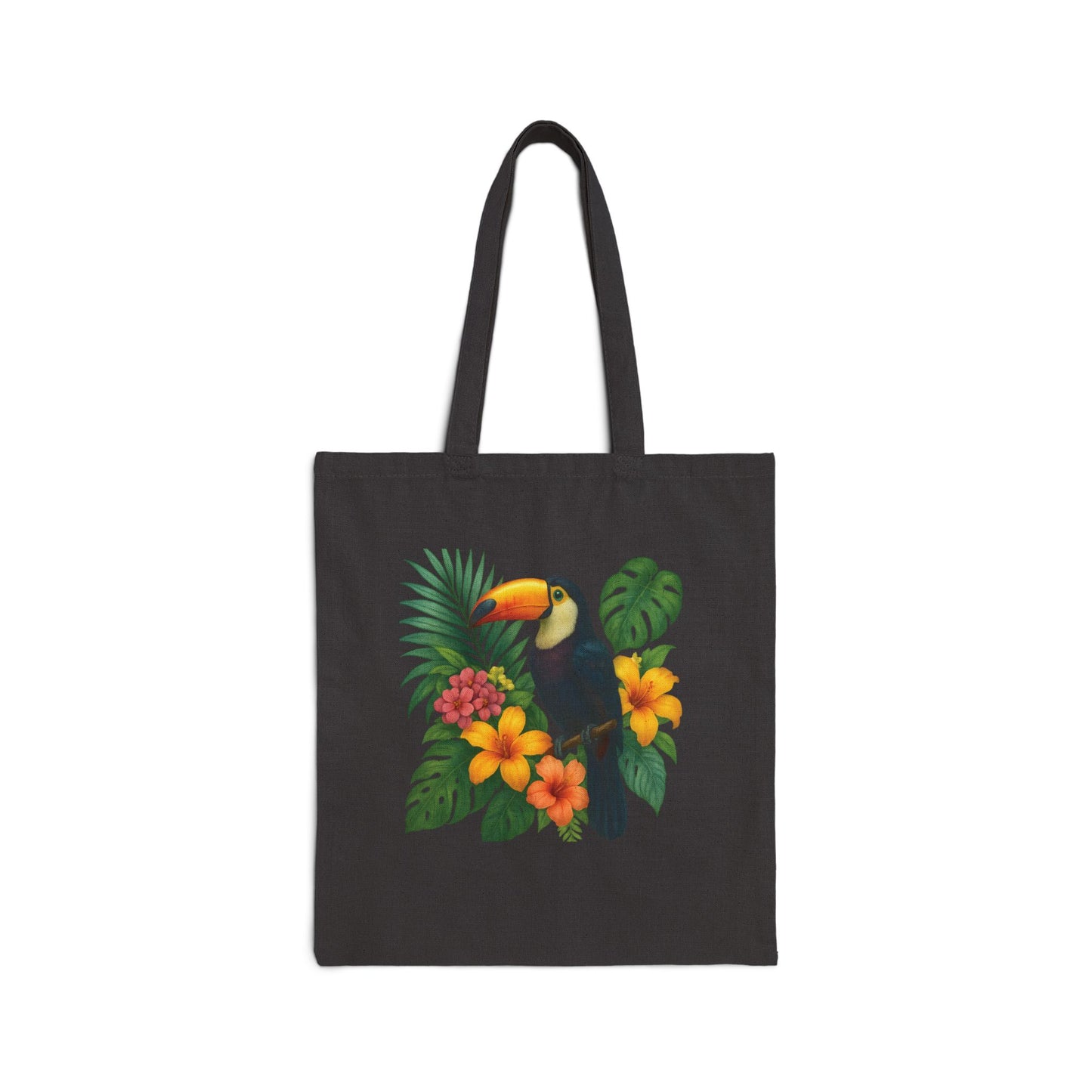 Black tote bag with colorful toucan print bag design featuring tropical flowers and leaves