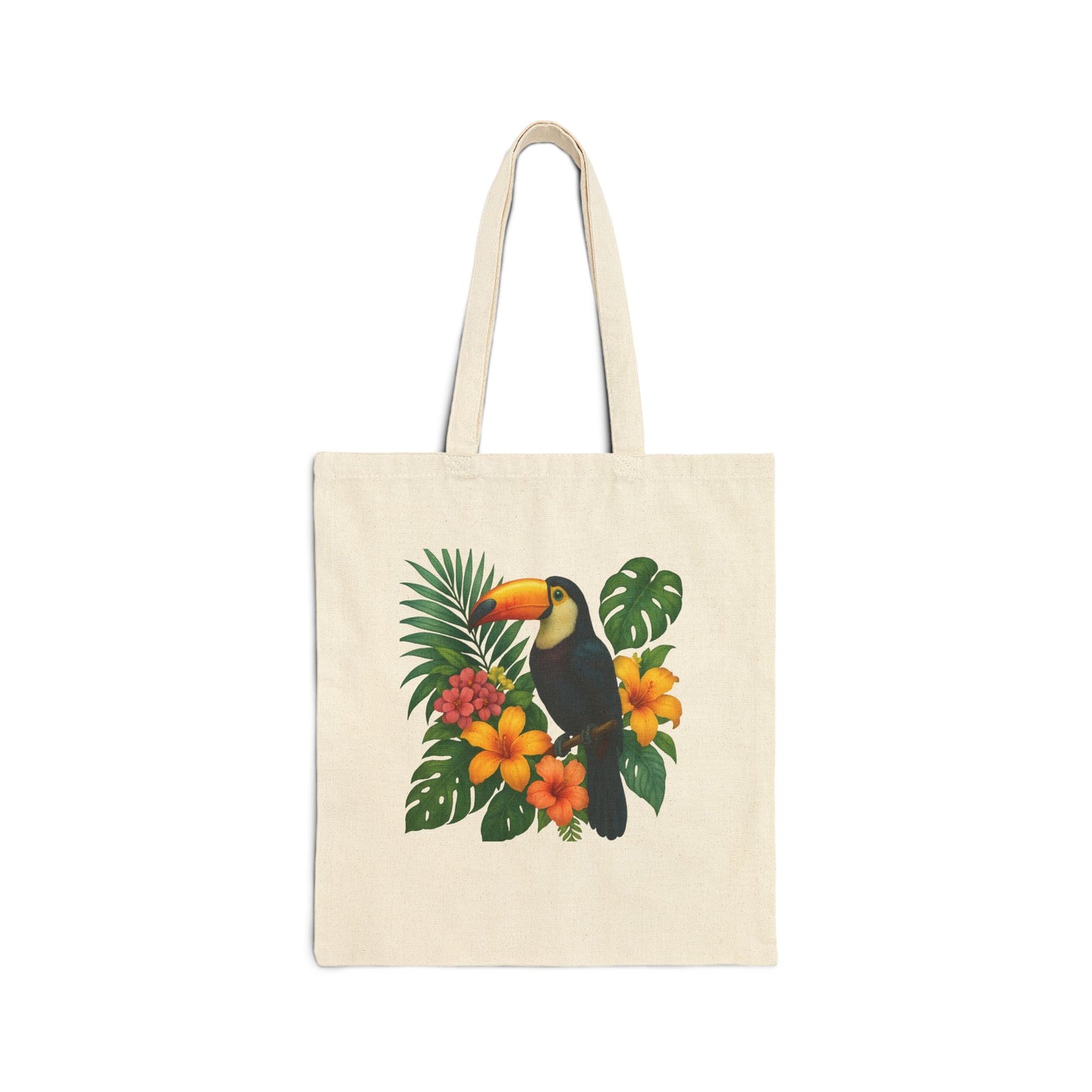 Mashafrica-style beige tote bag with colorful toucan print bag and tropical floral design