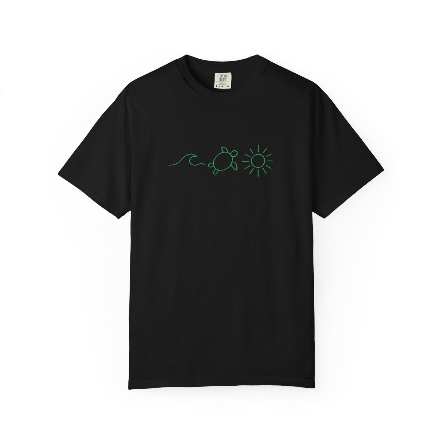 Black mashafrica-style T-shirt featuring simple green turtle and sun design cool casual tees